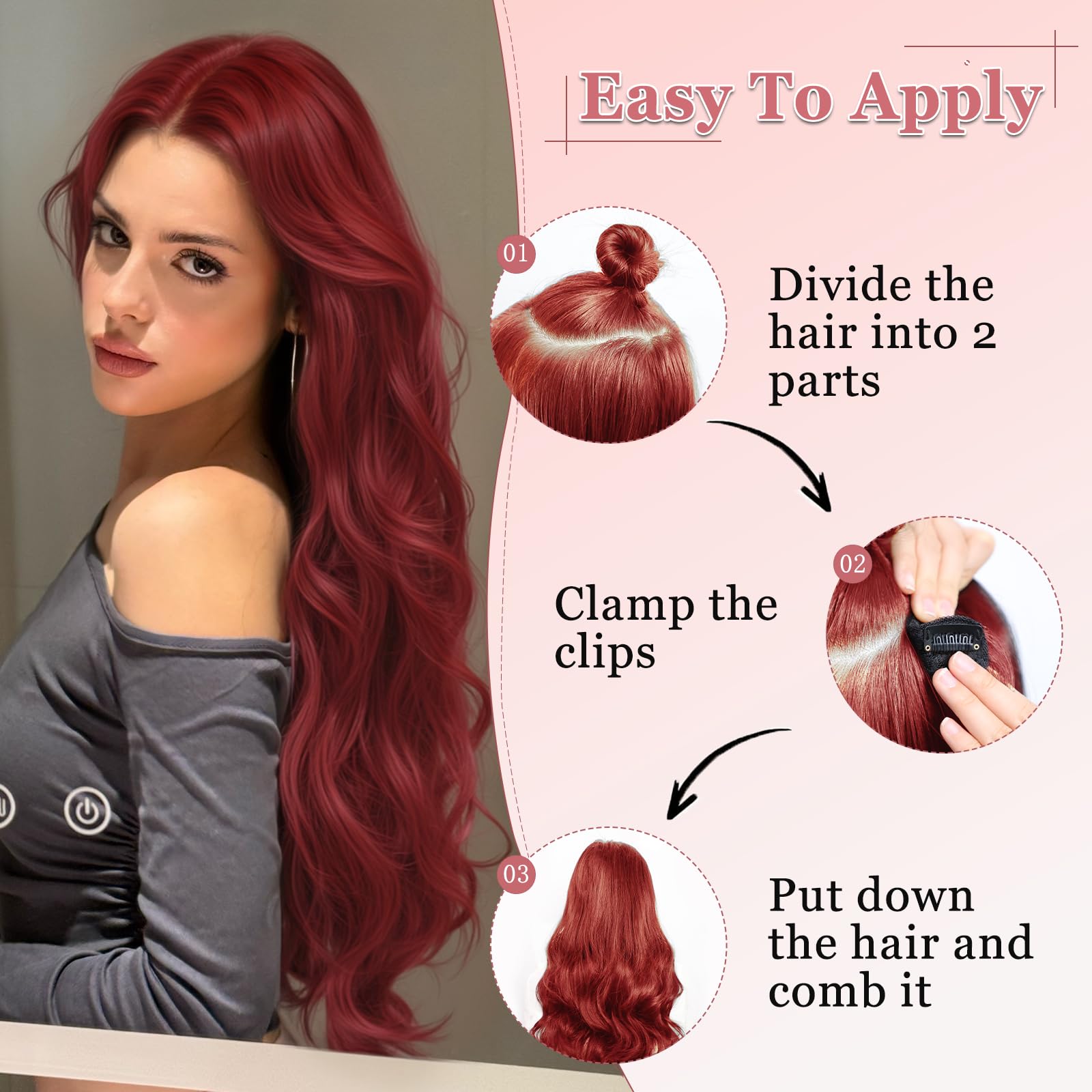 ✨24” WINE RED FULL HEAD UPART 1 PEICE CLIP INS*NWT Plum/Cherry Red (#530) One Piece Clip In Hair Extensions  main image 4