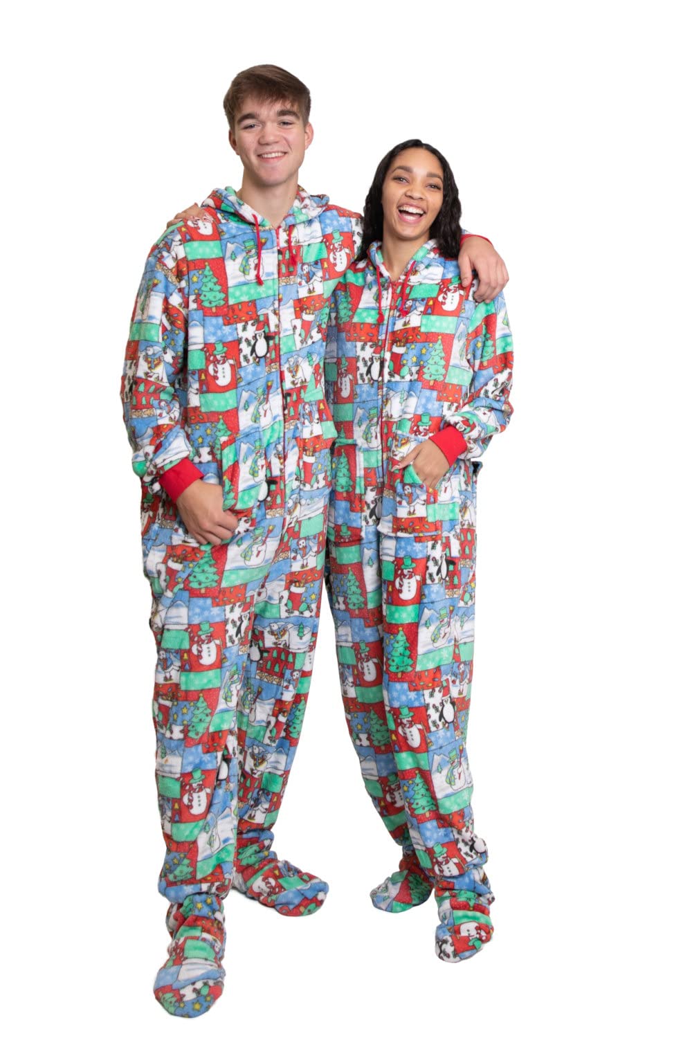 Hooded Plush Footed Pajamas Onesie with Drop Seat for Men & Women
