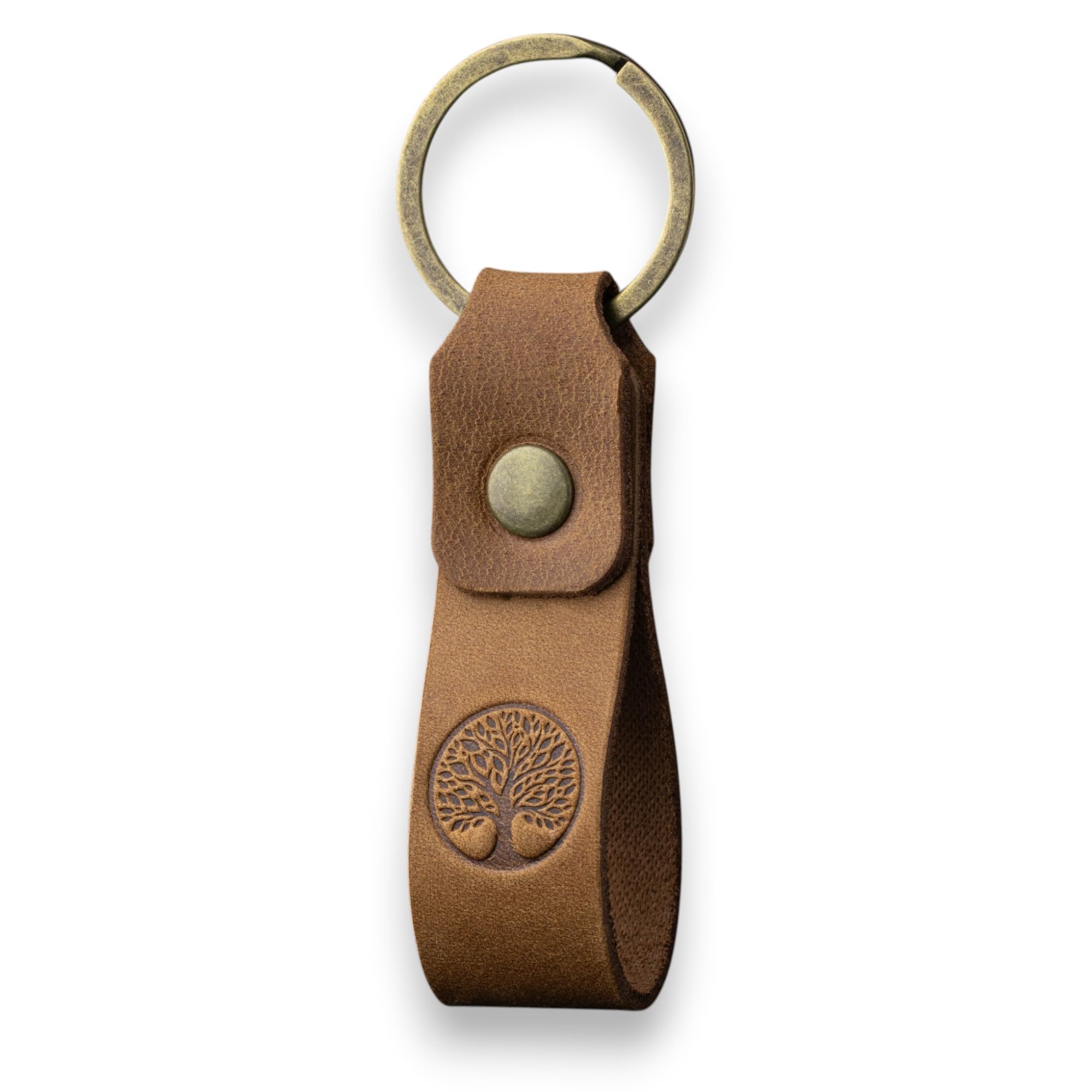 MAGOR Compact Leather Keyring for Men & Women – Personalised Crazy Horse Leather Keychain in Tan, Car Keyring, Hot Embossed Design, Gift for Him Her Mum Dad (Tree of Life-)