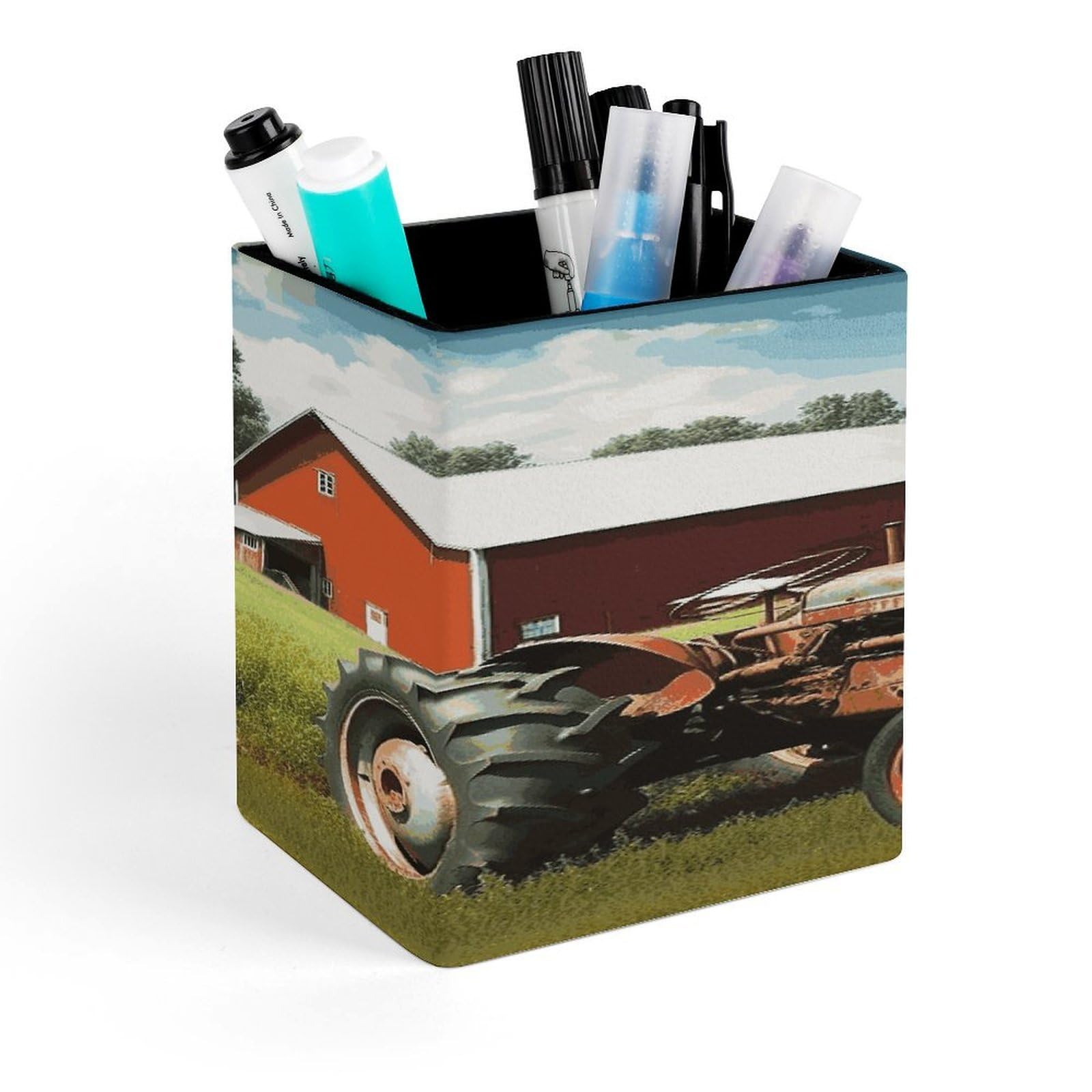 FekiLoot Company Farm Tractor Pencil Holder for Desk Square Leather Pen Holder Cup Desktop Organizer Multi-Functional Pencil Cup Holders Modern Decorative Desk Organizer Caddy Makeup Brush Holders