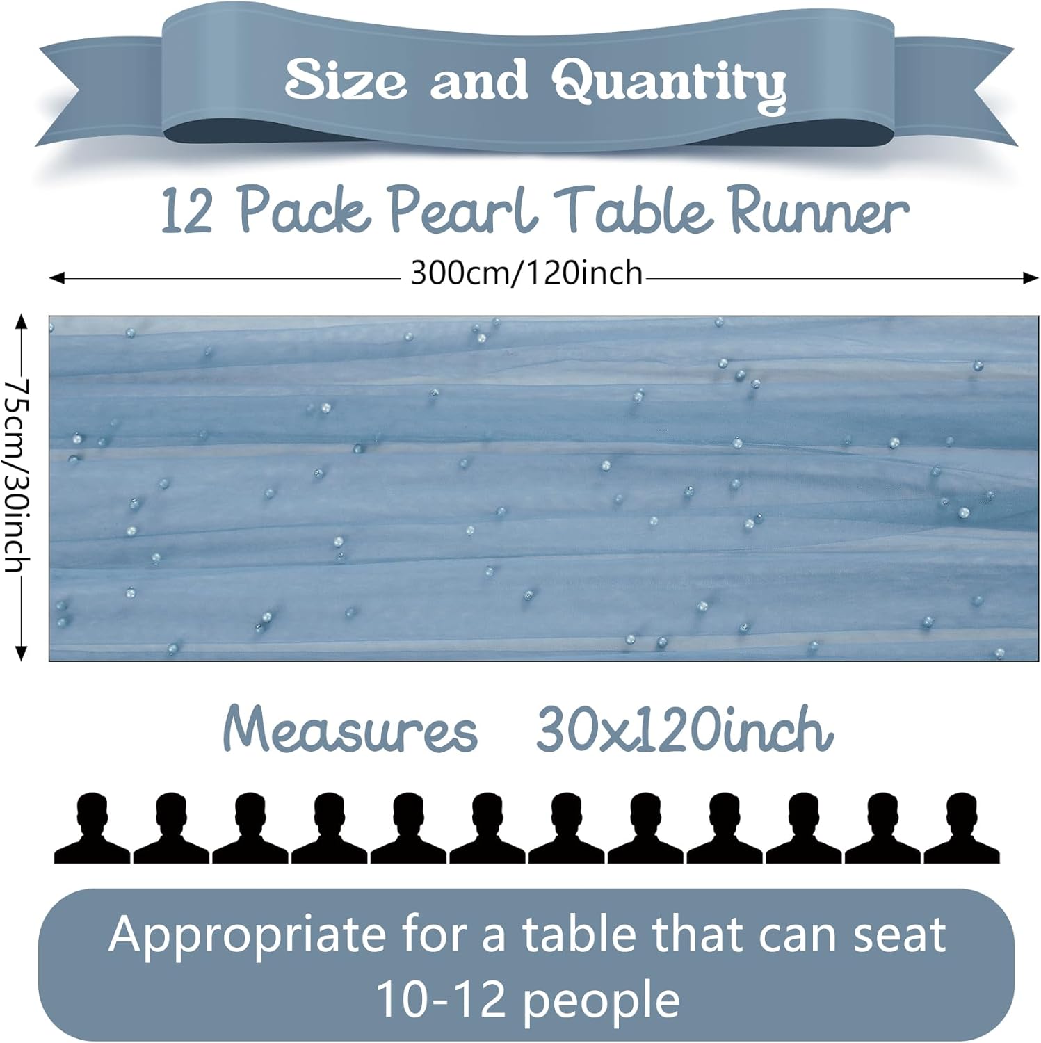 12 Pack 10FT Pearl Table Runner 30x120 Inch Dusty Blue Tulle Fabric Boho Rustic Sheer Table Runners Lace Table Cloth for Wedding Bridal Shower Birthday Party Arch Veil Dessert Table Decor (Dusty Blue)