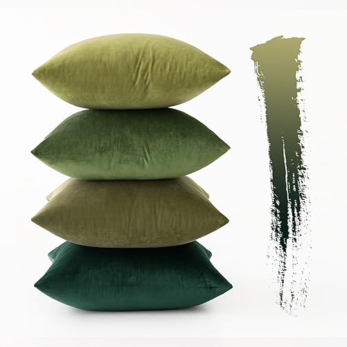MIULEE Set of 4 Velvet Cushion Covers Soft Decorative Square Throw Pillow Cover Luxury Pillowcases for Livingroom with Invisible Zipper 45cm x 45cm,18x18 Inches Forest Green Series - 45 x 45 cm (Pack of 4) - Forest Green Series