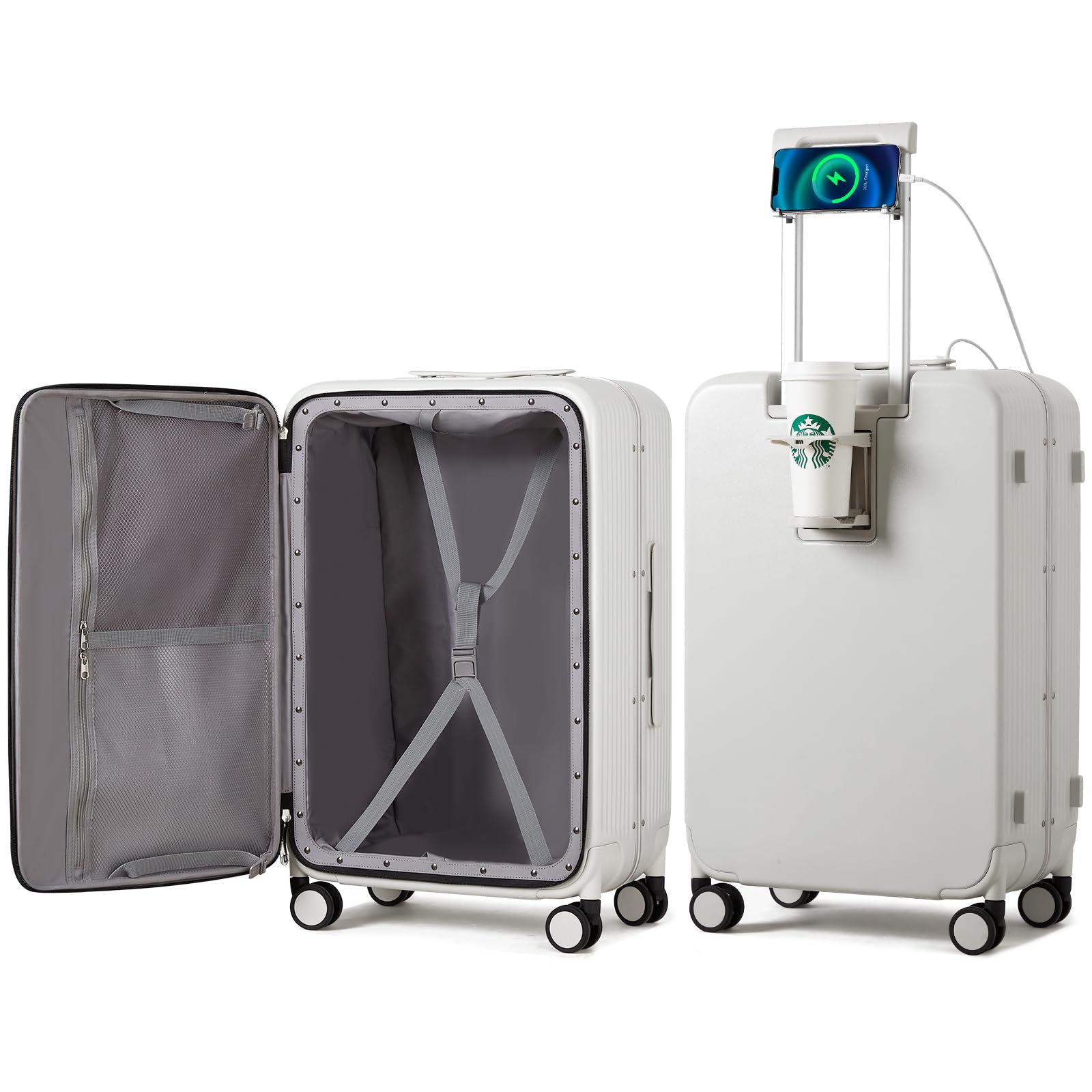 mixiLuggage PC Hardside Rolling Suitcase with Spinner Wheel TSA Lock with Cup Phone Holder