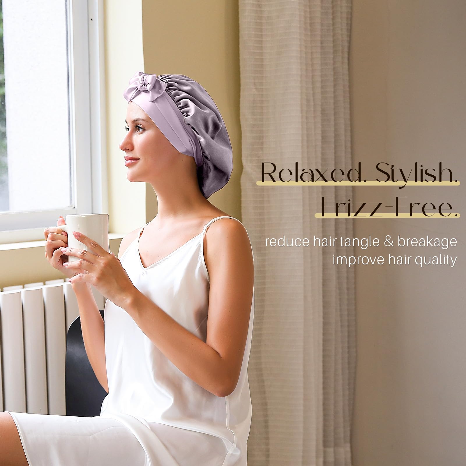 ZIMASILK 100% Mulberry Silk Bonnet for Sleeping Shower Caps Women Long Hair Double Layer Silk Hair Wrap with Elastic & Tie Band Cooling Hair Caps for Hair Care Stay On Head (1Pc - Image 3