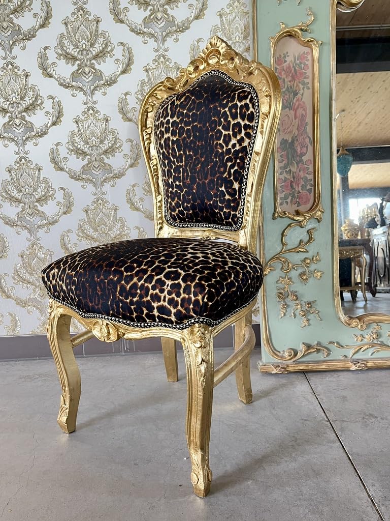 CasAmin Chaise d'appoint en style baroque Louis XVI motif léopard et doré pour décoration salle à manger