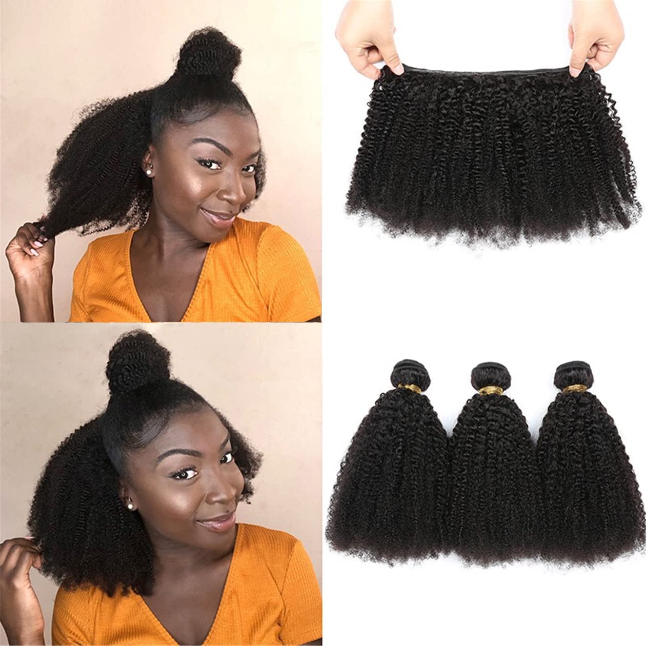 Hair Replacement Wigs Kinky Curly Virgin Human Hair Extensions Weft 100g/Bundle Real Brazilian Remy Hair Tight Afro Curly Natural Black For Women 20" Unprocessed