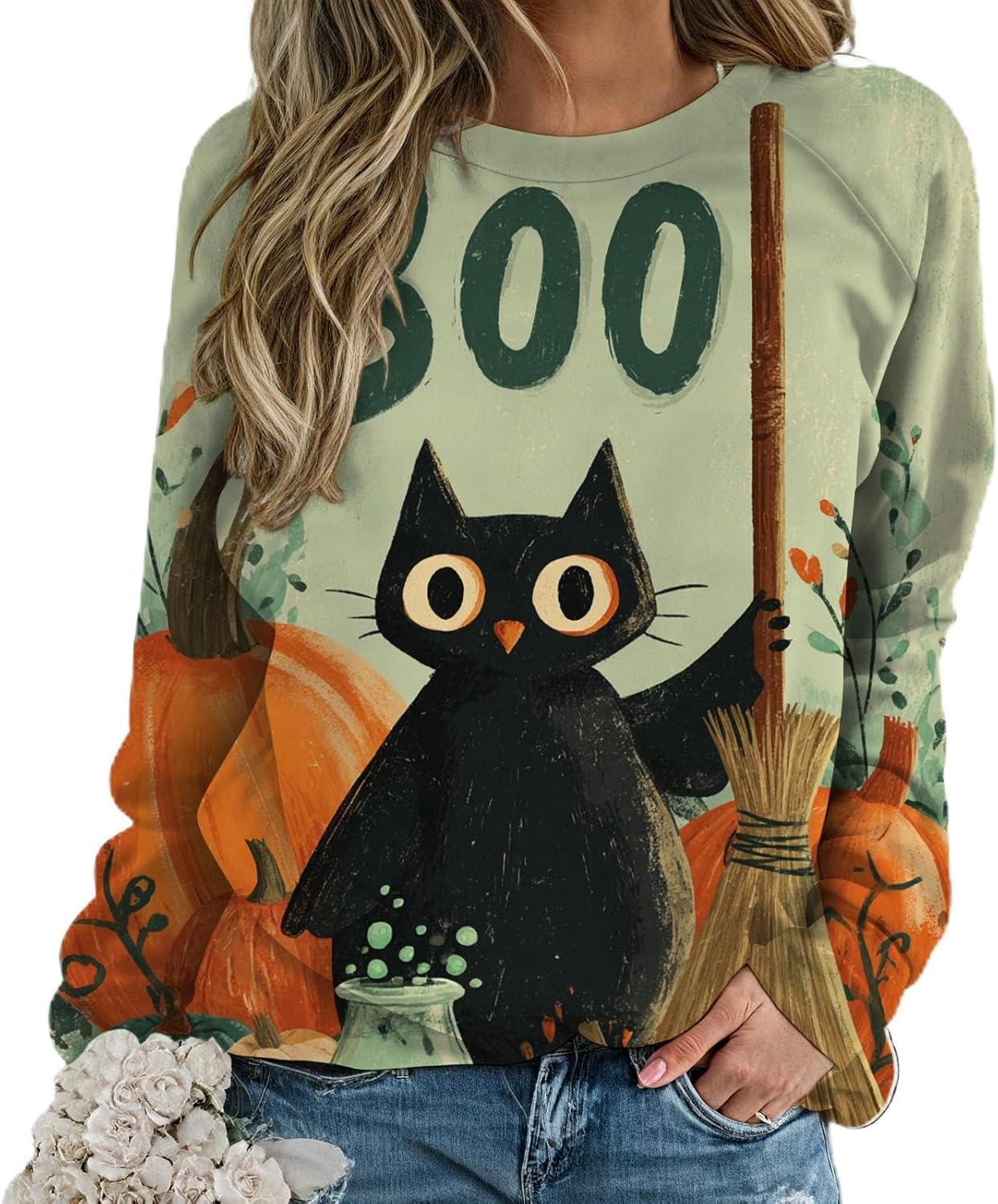 Novelty Halloween Shirts for Women Trendy Graphic Print Long Sleeve Crewneck Fall Tops Loose Casual Pullover