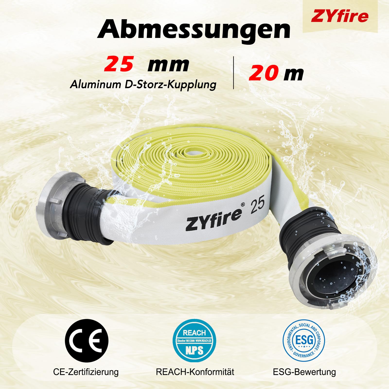 ZYfire Feuerwehrschlauch 25mm x 20m | 1 Zoll Schlauch mit D-Storz Kupplung