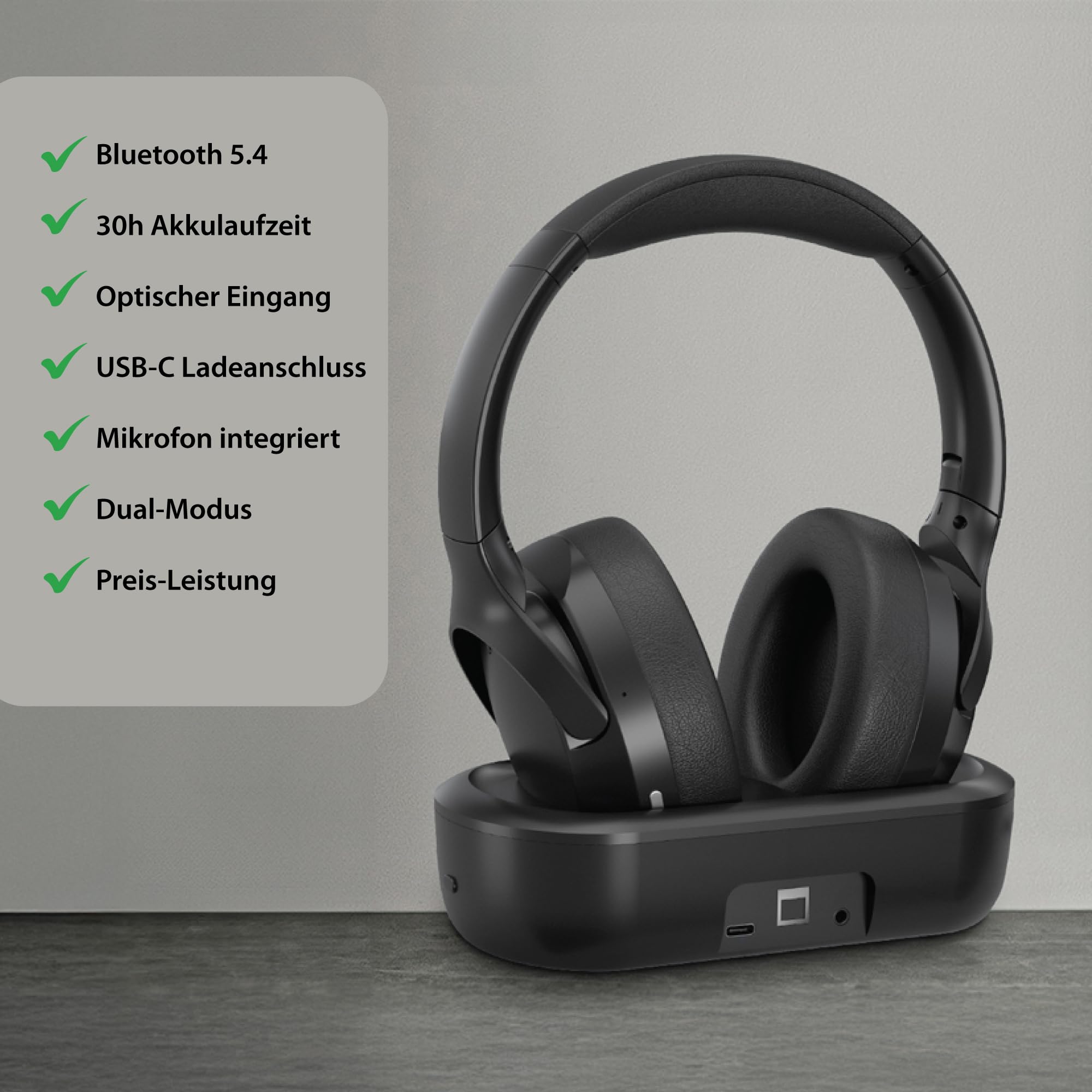 Technaxx TV Kopfhörer kabellos mit Ladestation – Funkkopfhörer für Fernseher mit Bluetooth 5.4, Mikrofon, 30h Akku, USB-C, optischer & AUX-Anschluss, Over-Ear Stereo Headset - TX-350