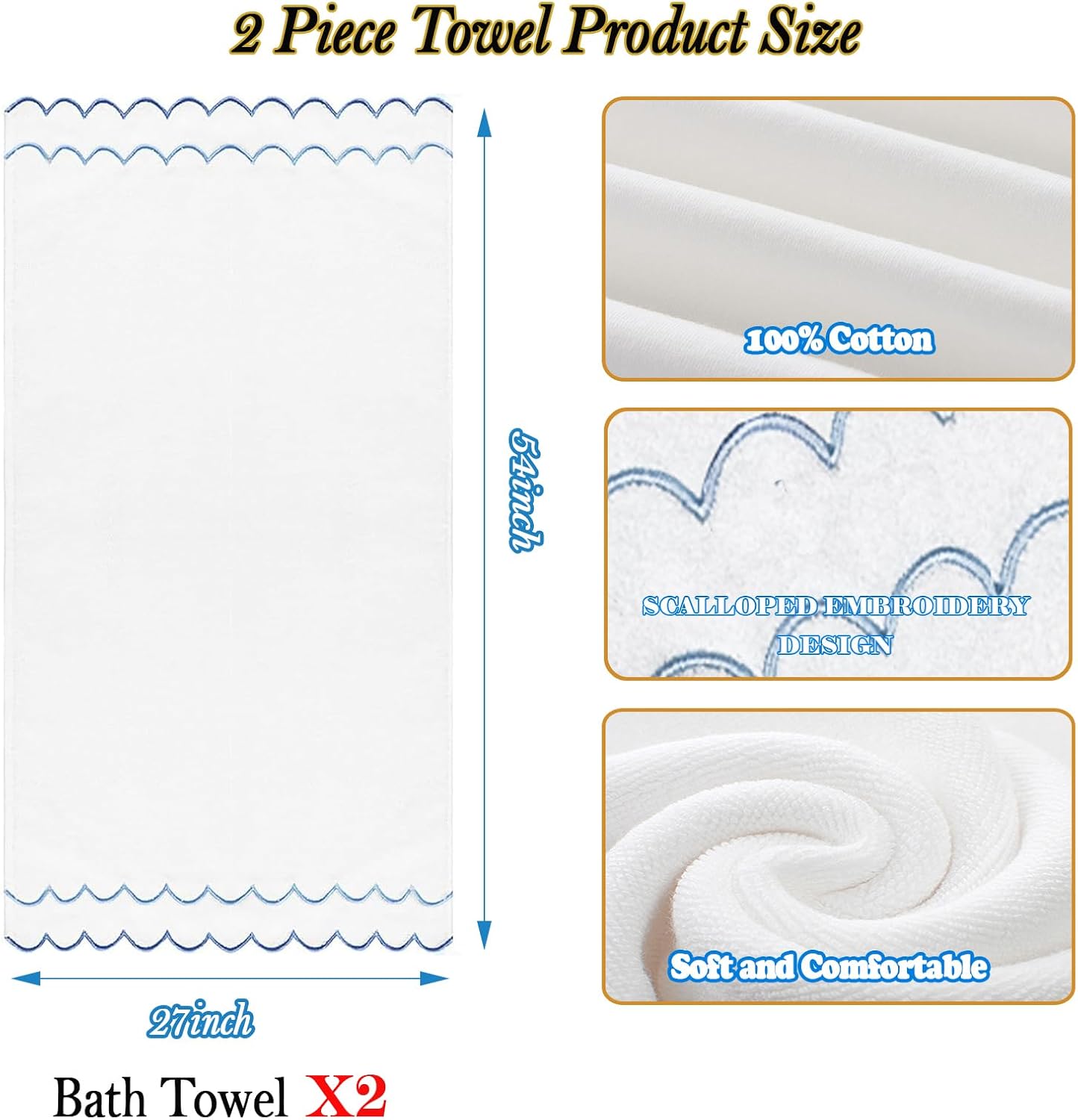 2 Pcs 100% Cotton Bath Towels for Bathroom，27 * 54 Inch Scalloped Bath Towels Embroidered Decorative 500 GSM Soft Absorbent Bath Towel for Bathroom Hotel Spa Sport Yoga (Blue) (Blue) - Image 2