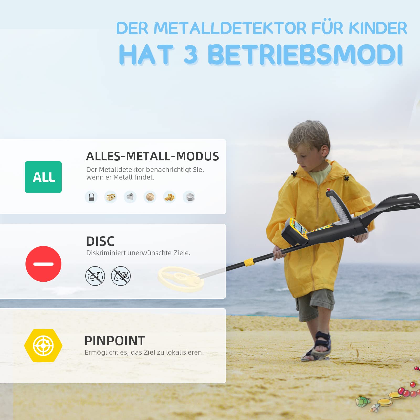 Metalldetektor für Kinder, Metalldetektor Wasserdicht mit LCD-Display, Golddetektor mit Schaufel und Rechen für Strand Schatzsuche & Outdoor Erkundung (Gelb)