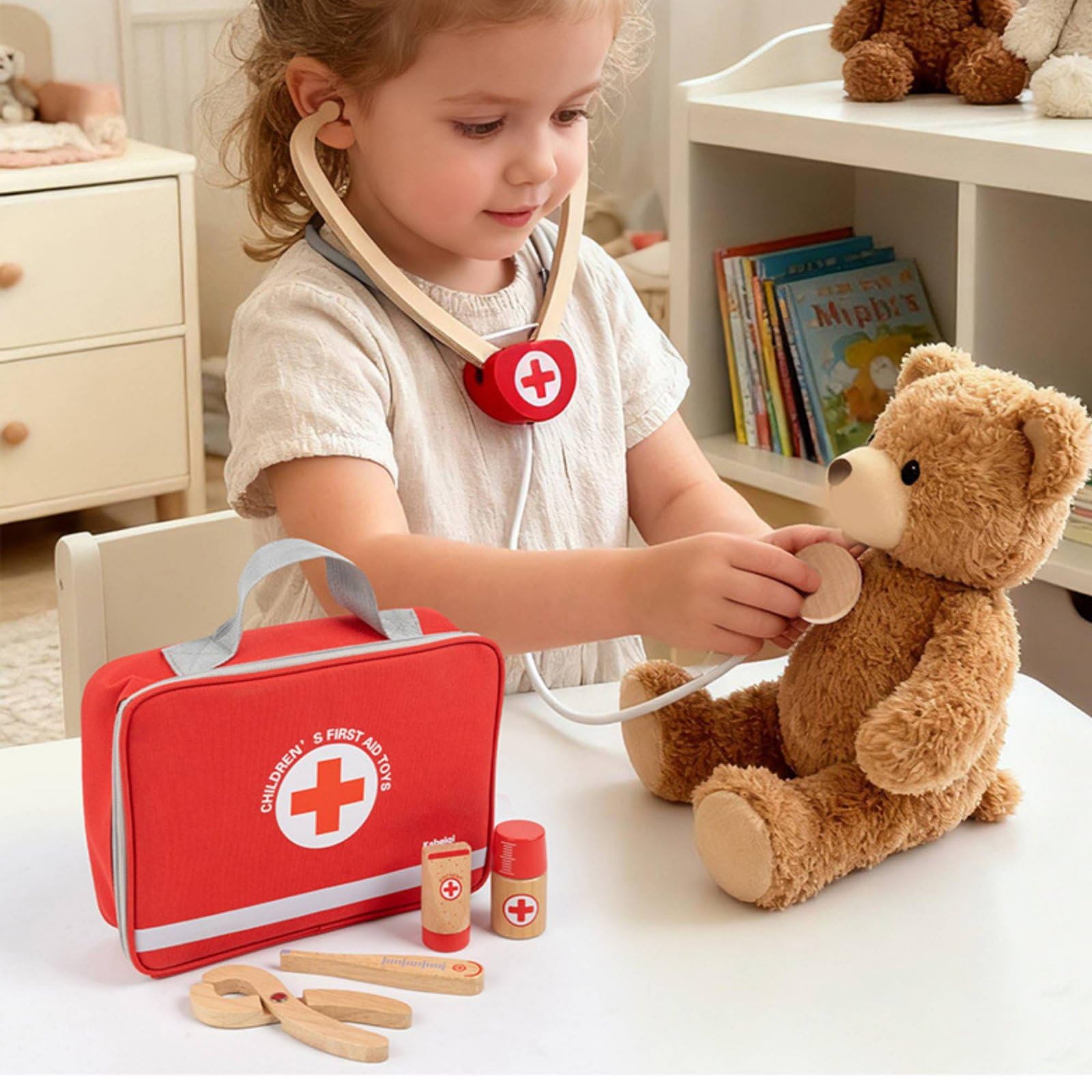 Gioco Del Dottore Bambini Set Medico Finto Kit Dottore Giocattolo Valigetta Legno con Pezzi Lisci E Tattili per Esplorazione Fiducia E Narrazione , Scatola Regalo