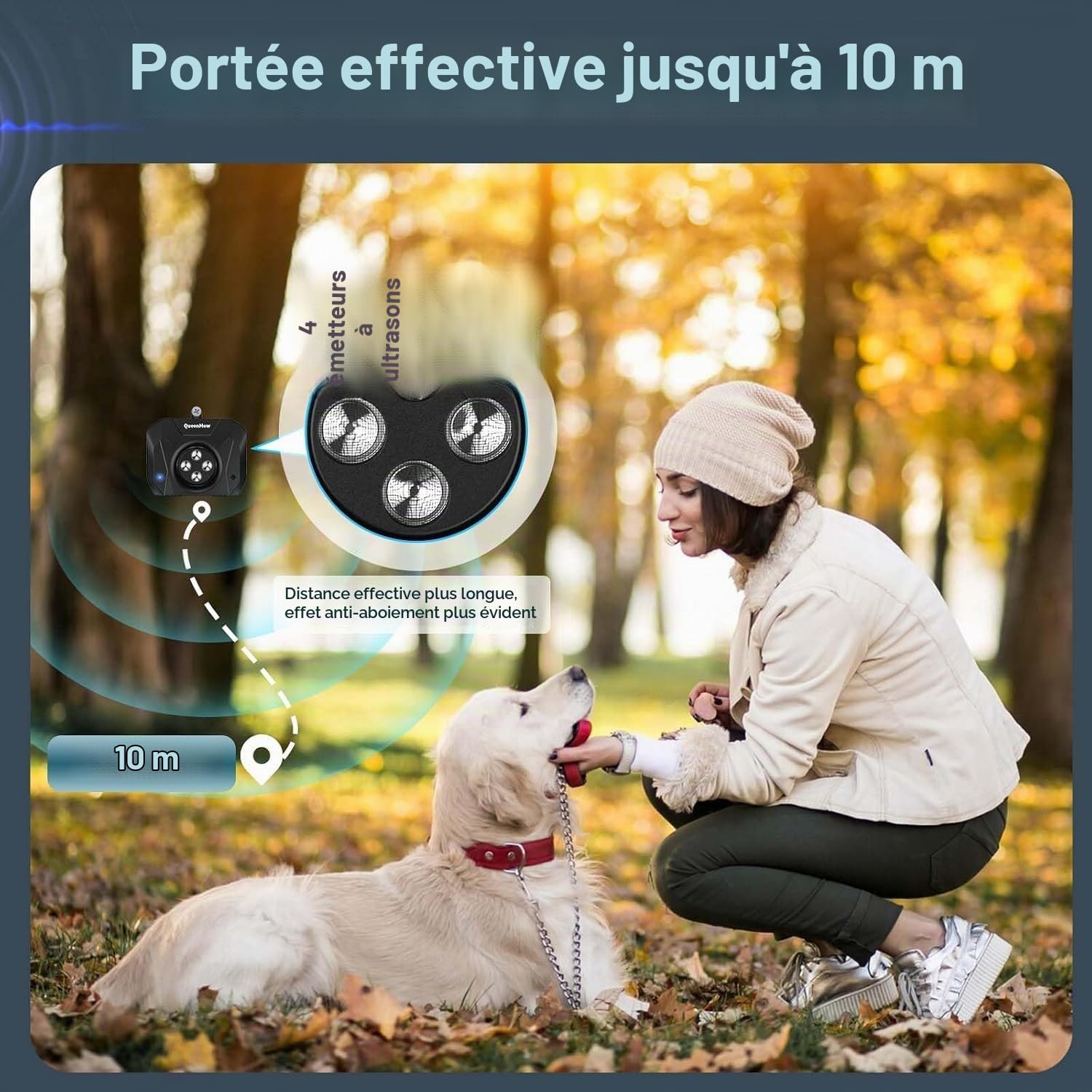Dispositif Anti Aboiement Chien, 4 Émetteurs des Anti Aboiement Chien Ultrason, Boitier Anti Aboiement Chien de 33 Pieds, Alarme avec 3 Modes de Fréquence Réglables pour Grands et Petits Chiens