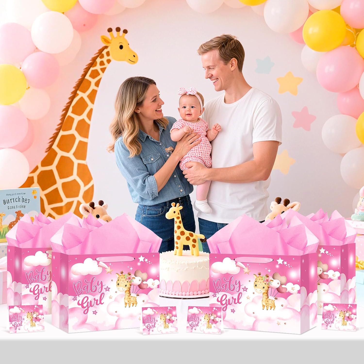 Neptniopllab Pink Giraffe Gift Bag with Tissue Paper & Card – Safari Jungle Animal Party Favor Bag for Baby Girl's Newborn Birthday or Baby Shower Celebration - Image 5