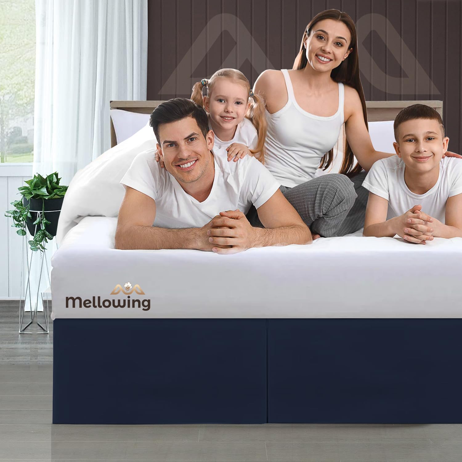 Mellowing Pleated Bed Skirt with Platform Three Sided Coverage 10 inch Tailored Drop Brushed Microfiber Pleated Bed Skirt with Split Corners (Queen,Navy Blue)