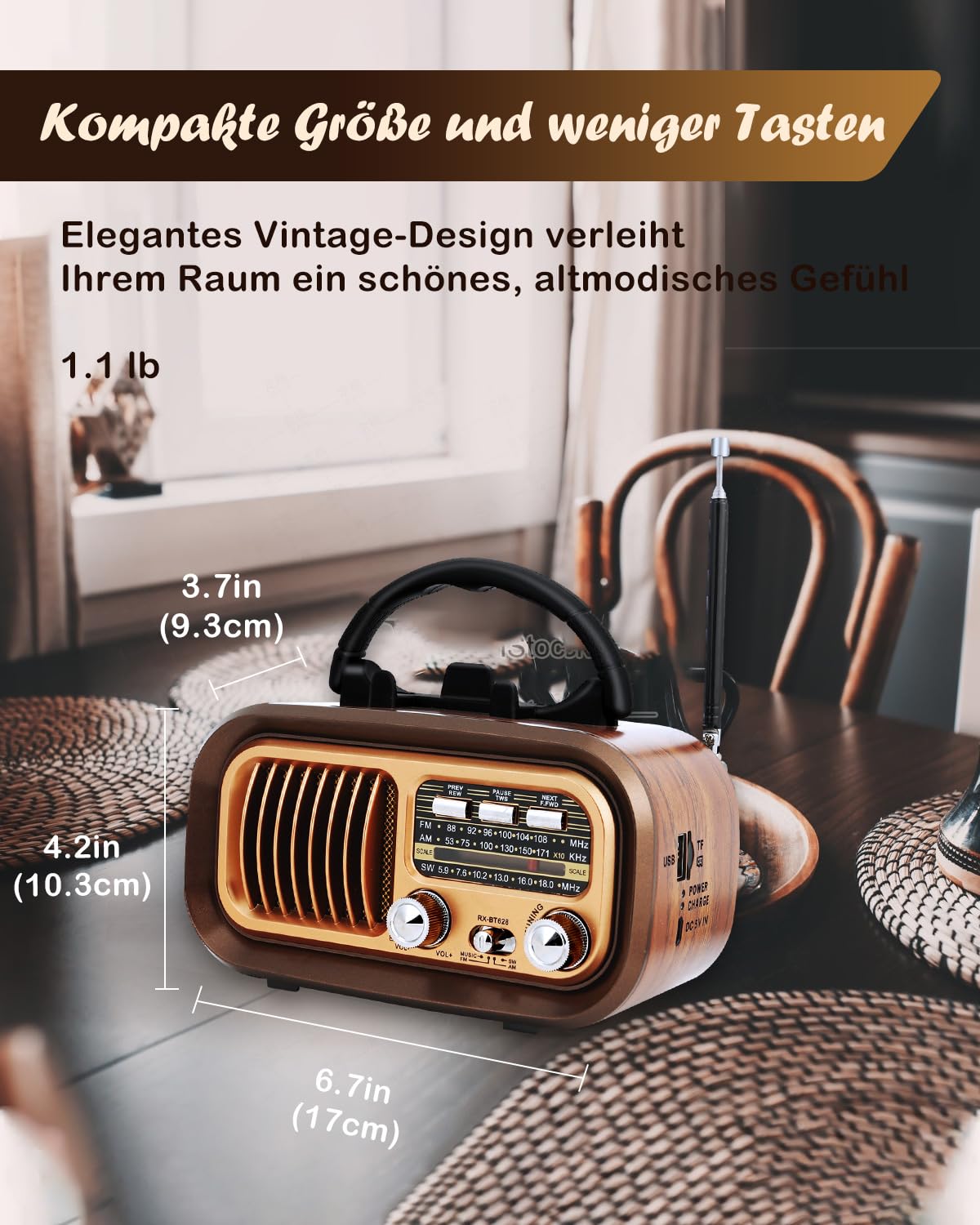 Retro Radio mit Bluetooth, AM/FM/SW Tragbares Radio, Kofferradio mit 1200mAh Akku und D-Batterien, USB/TF/TWS, Vintage Radio für Küche, Zuhause, Garten und Camping