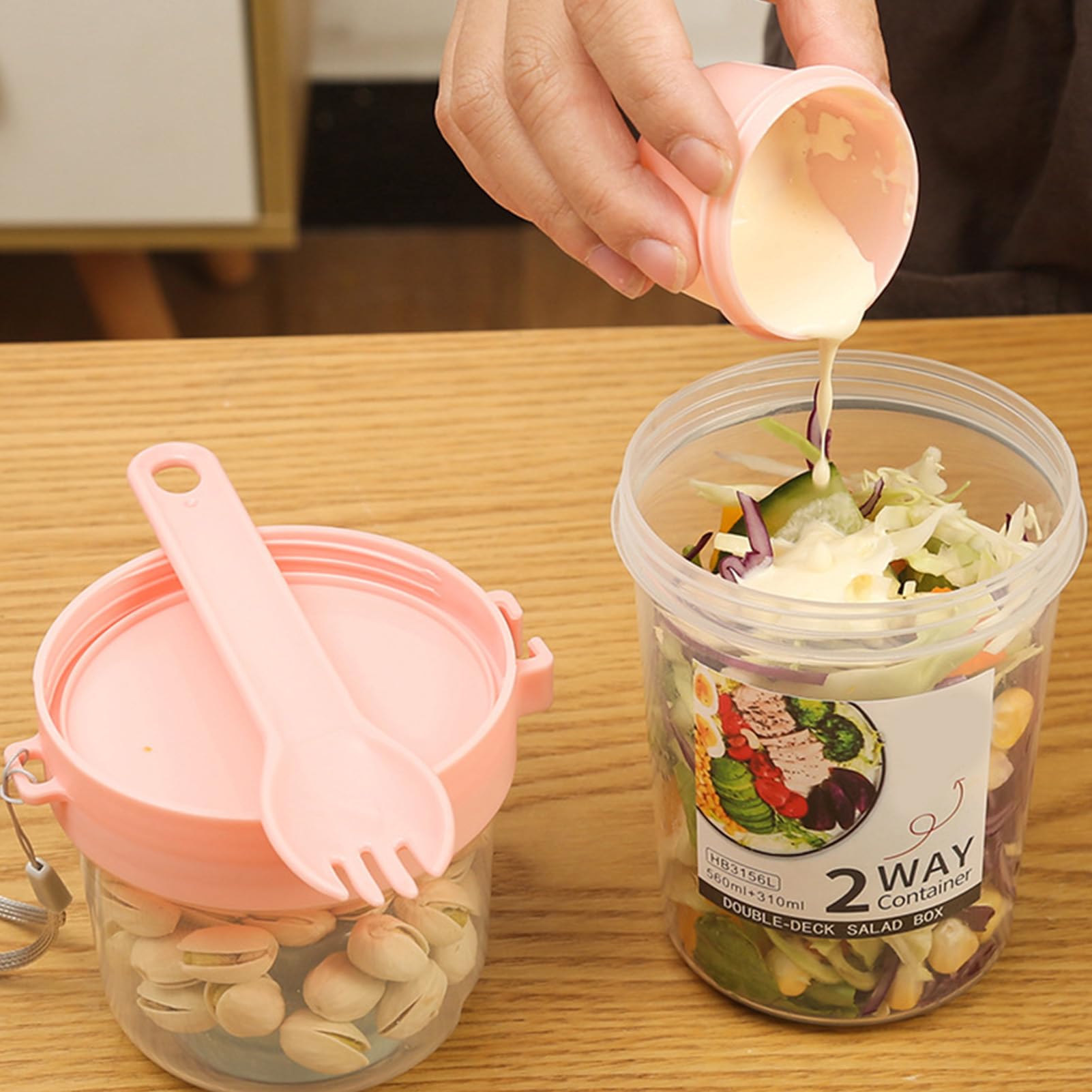 Reusable Salad Shaker Cup, Double Layers Lightweight Salad Container Cereal Cup with Lid Fork for Work Traveling Outdoor Activities