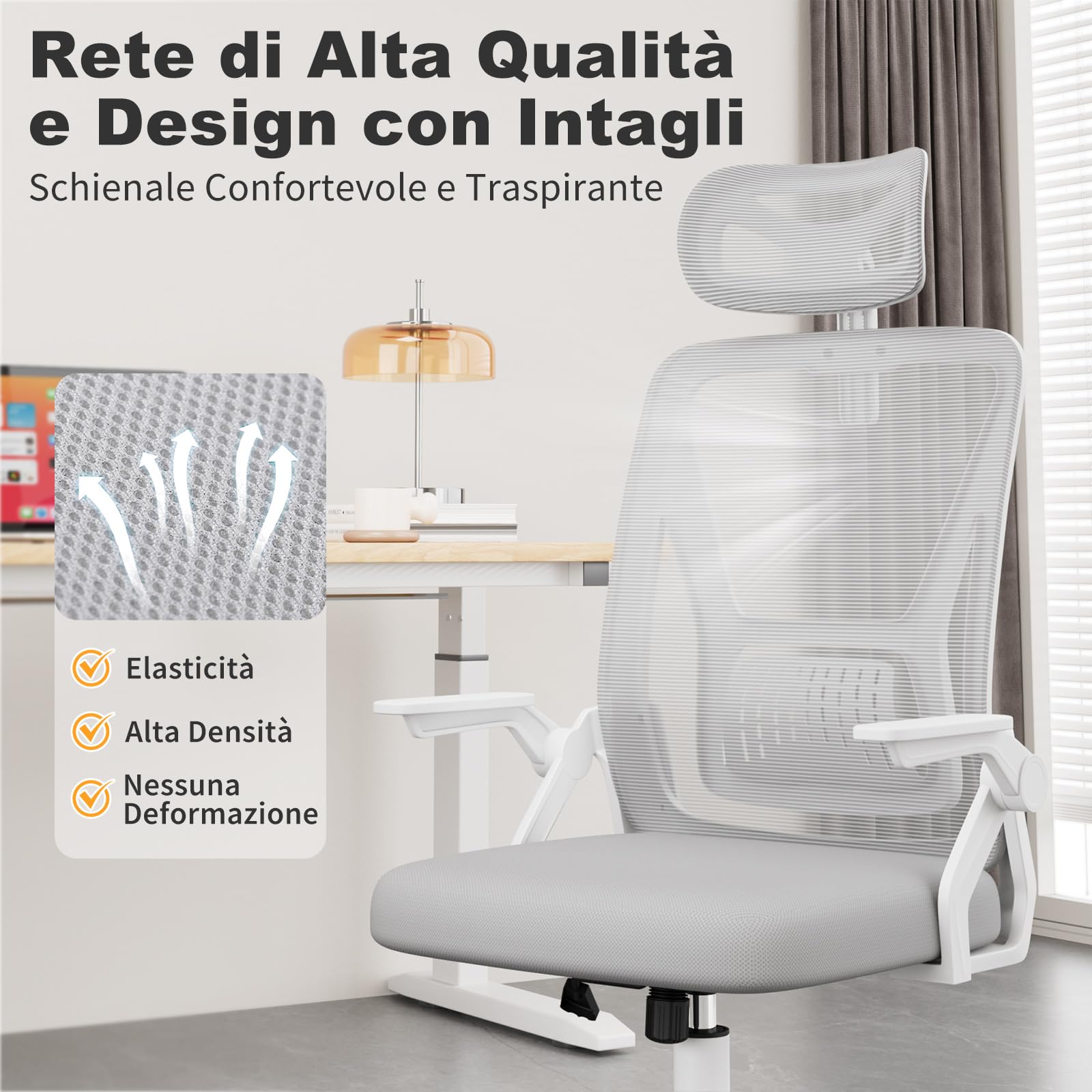 naspaluro Sedia da Ufficio,Con Braccioli Ribaltabili a 90°,Rivestimento in Rete Traspirante, Sedia Girevole a 360° Con Funzione Swing (Con poggiatesta, Gray)