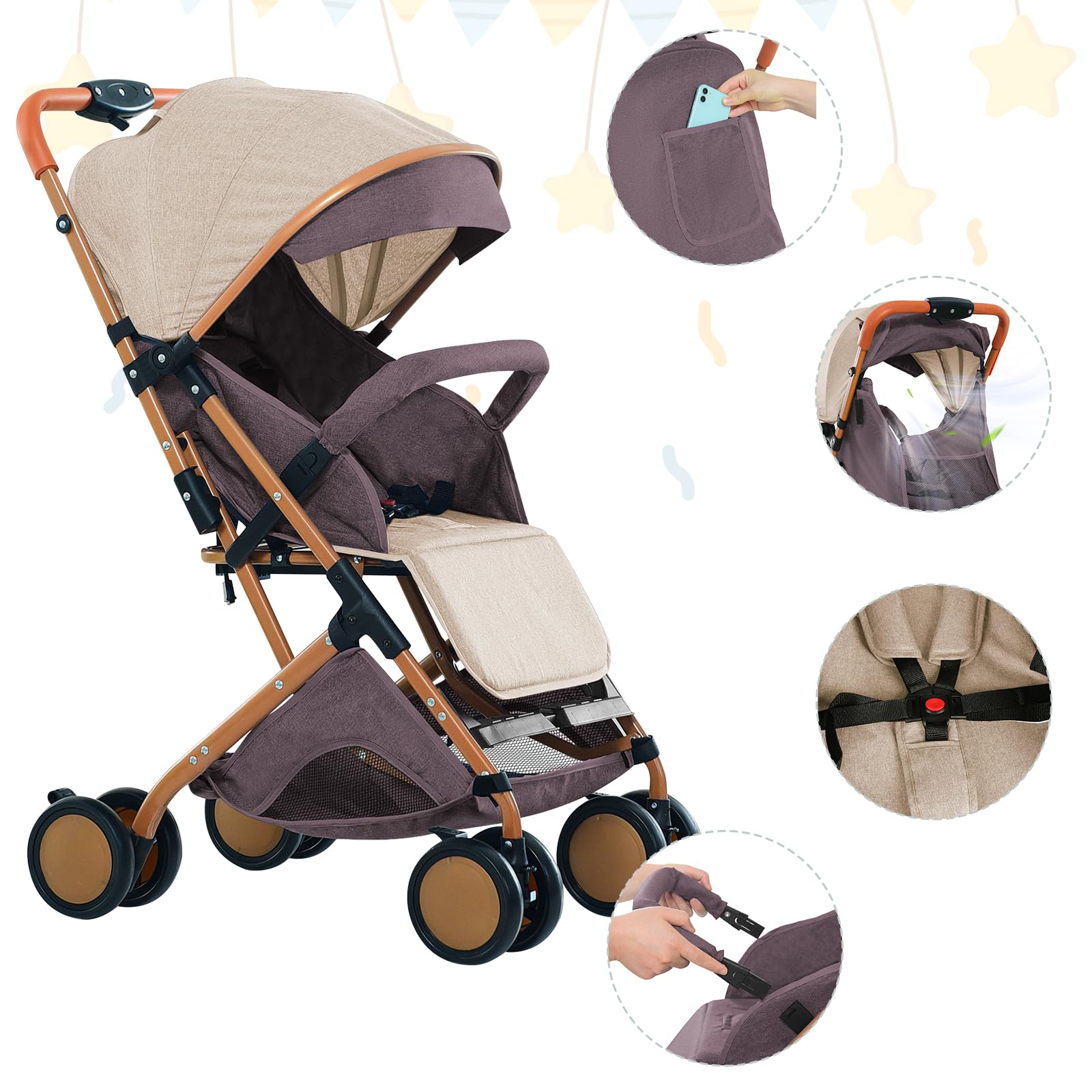Homewell Federleichter Reisebuggy Faltbar, Kinderwagen, Liegefunktion, flache Liegeposition, kompakter Buggy inkl. Moskitonetze & Matten, 98 * 71 * 45cm (Khaki)