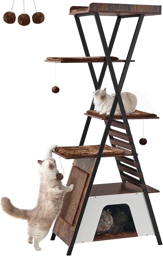 FourFurPets 72.4 Modern Cat Tower for Indoor Cats - Multi-Level Condo With Caves, Tall Tree With Scratching Board, Wooden Tower With Large Perch, Removable Pads, Rustic Brown