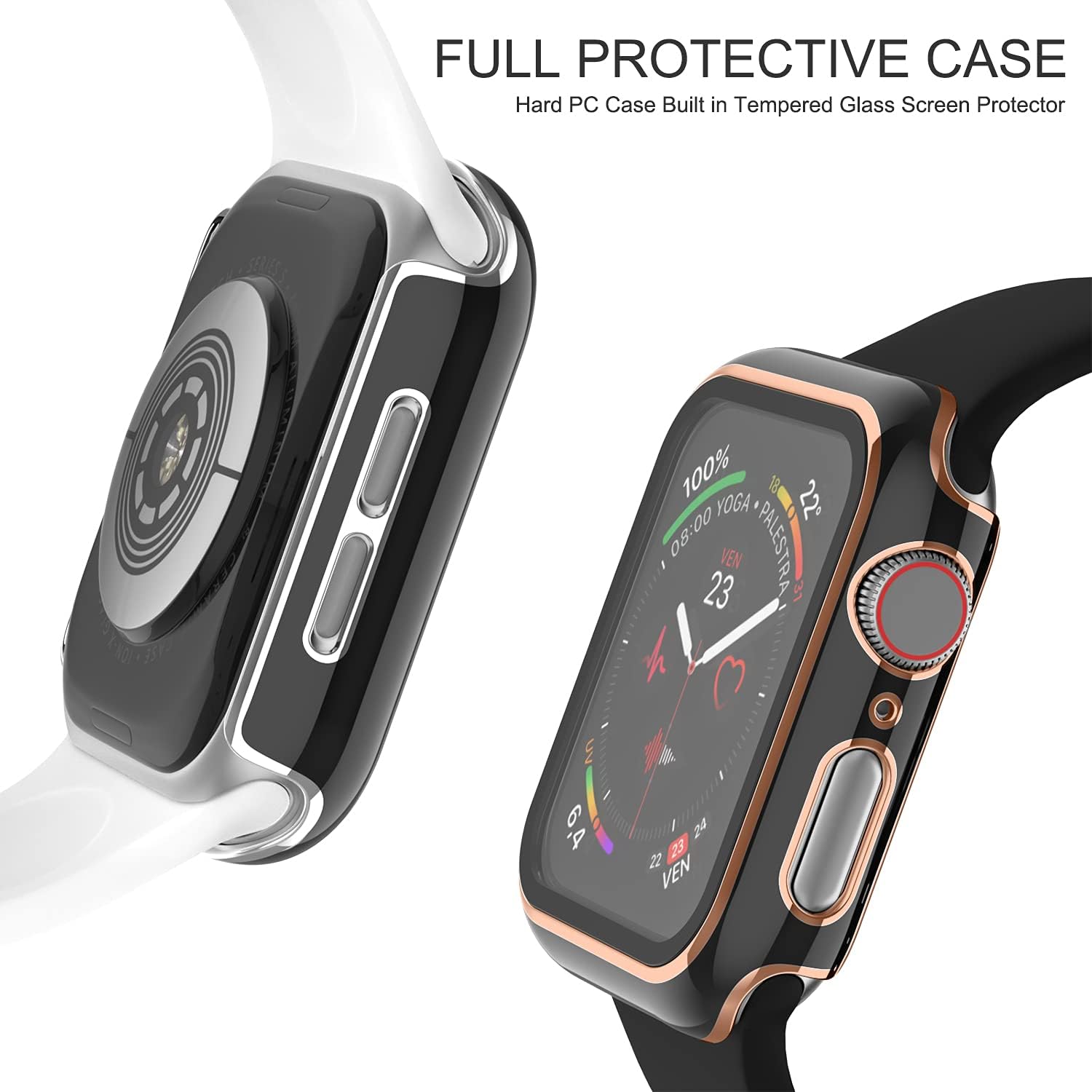 Recoppa 2 Pack Compatible Apple Watch Case 42mm with Tempered Glass Screen Protector, Rose Gold/Silver Edge Full Coverage Hard PC Cover Protective Case for Women Men iWatch Series 3/2/1(Black Bumper)