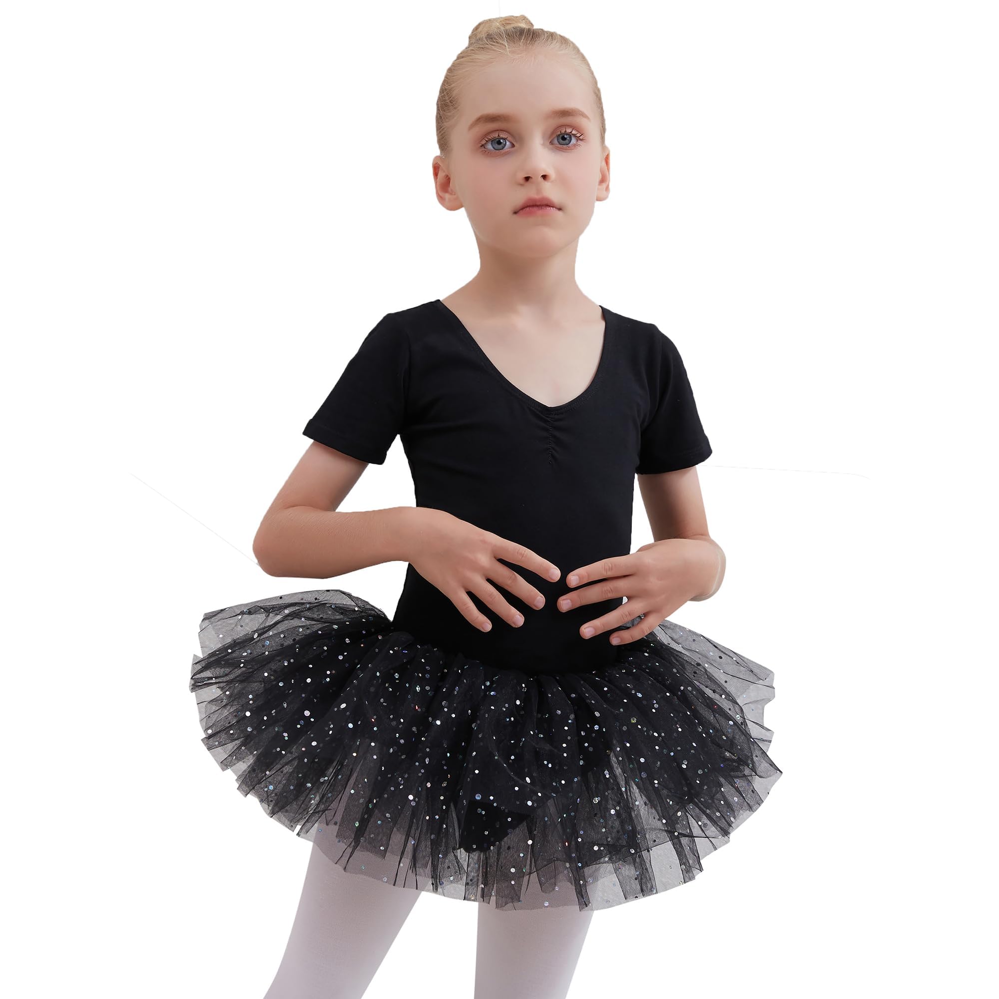 Tancefair Kinder Ballettkleidung Ballettkleid Mädchen Glitzernder Balletttrikot Baumwolle Ballettanzug Tanzkleid Tanzbody mit Glänzendem Rock Tütü