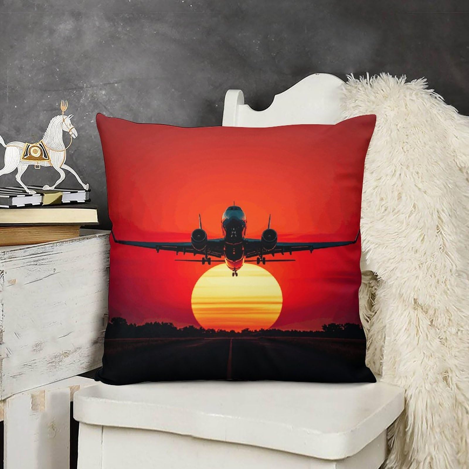 FodPand Boho Farmhouse Romantic Red Sunset Plane Pillow Covers with Hidden Zipper 24x24 Soft Plush Cushion Cover Decorative Throw Pillow Cases for Couch Bed Sofa Living Room Indoor Outdoor Home Decor