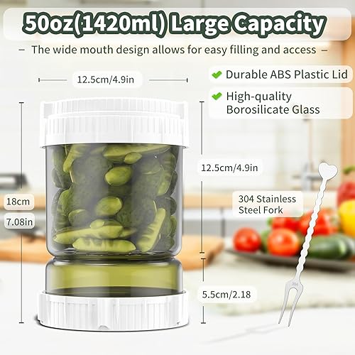 Miniatura 2 de Tarro de pepinillos, tarro de pepinillos de 50 onzas con colador, contenedor de pepinillos con tenedor de acero inoxidable y tapa a prueba de fugas,