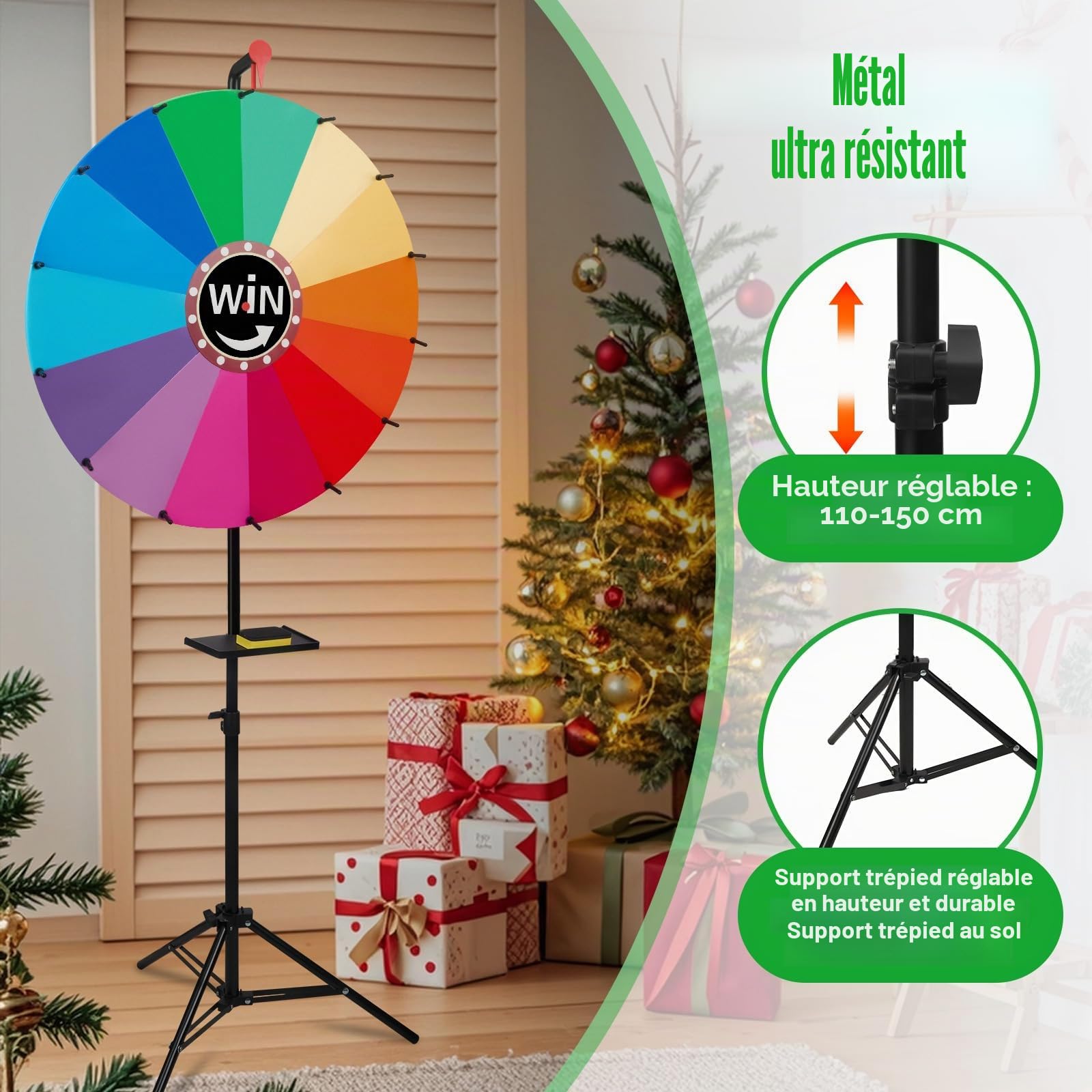 24‘’ Roue de la Fortune avec 14 Couleurs, 24"Roue de la Chance Surface Effaçable Personnalisable Roue Hauteur Réglable 97-155 cm pour Fêtes Carnavals Événements Anniversaires Mariages Noël Nouvel
