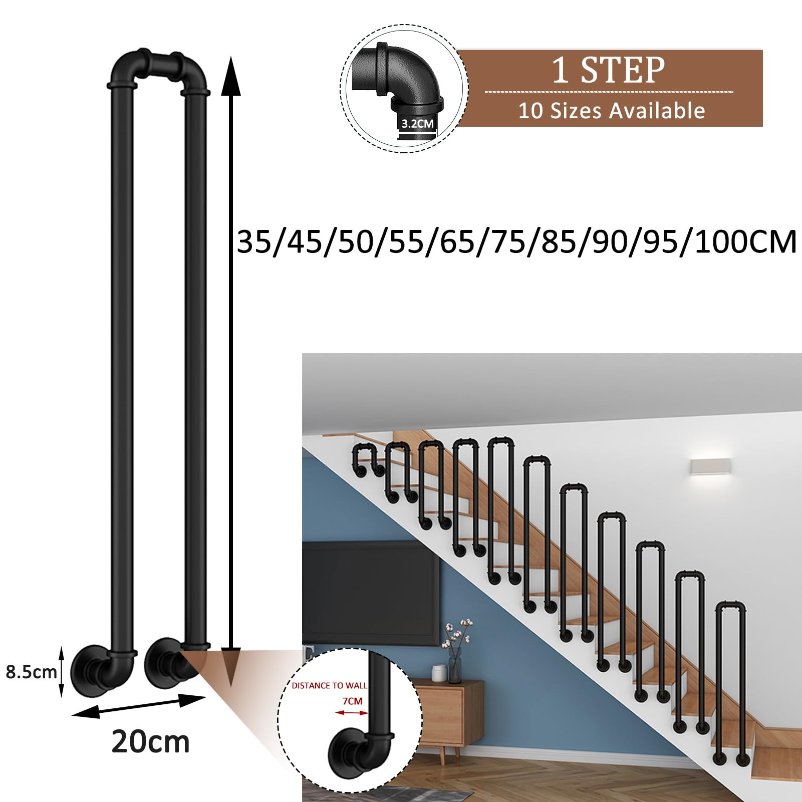 Strapazierfähige Wand-Handläufe für Treppen – U-förmiger Haltegriff für den Innen- und Außenbereich, Unterstützung für 1–2 Stufen, 1 x Geländerhalterung, Balustraden-Befestigung