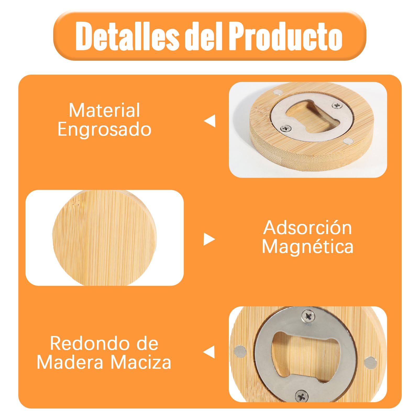 Abrebotellas de Madera Magnéticos Redondos de Acero Inoxidable Portátiles 12 Piezas