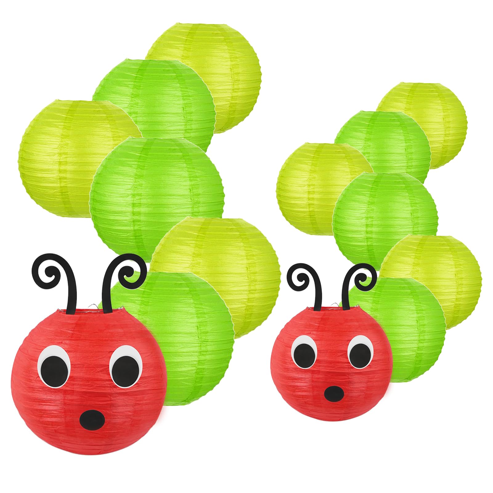LYART 14 Pcs Hungry Caterpillar Paper Lanterns Decoration for School Classroom Birthday Party and Caterpillar Theme Party Ceiling Hanging Decor, with Eyes Mouth Feelers Glue Point (14Pcs Green)