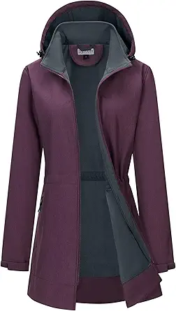 33,000ft Women's Waterproof Softshell Long Rain Jacket with Hood Fleece Lined Windproof Windbreaker