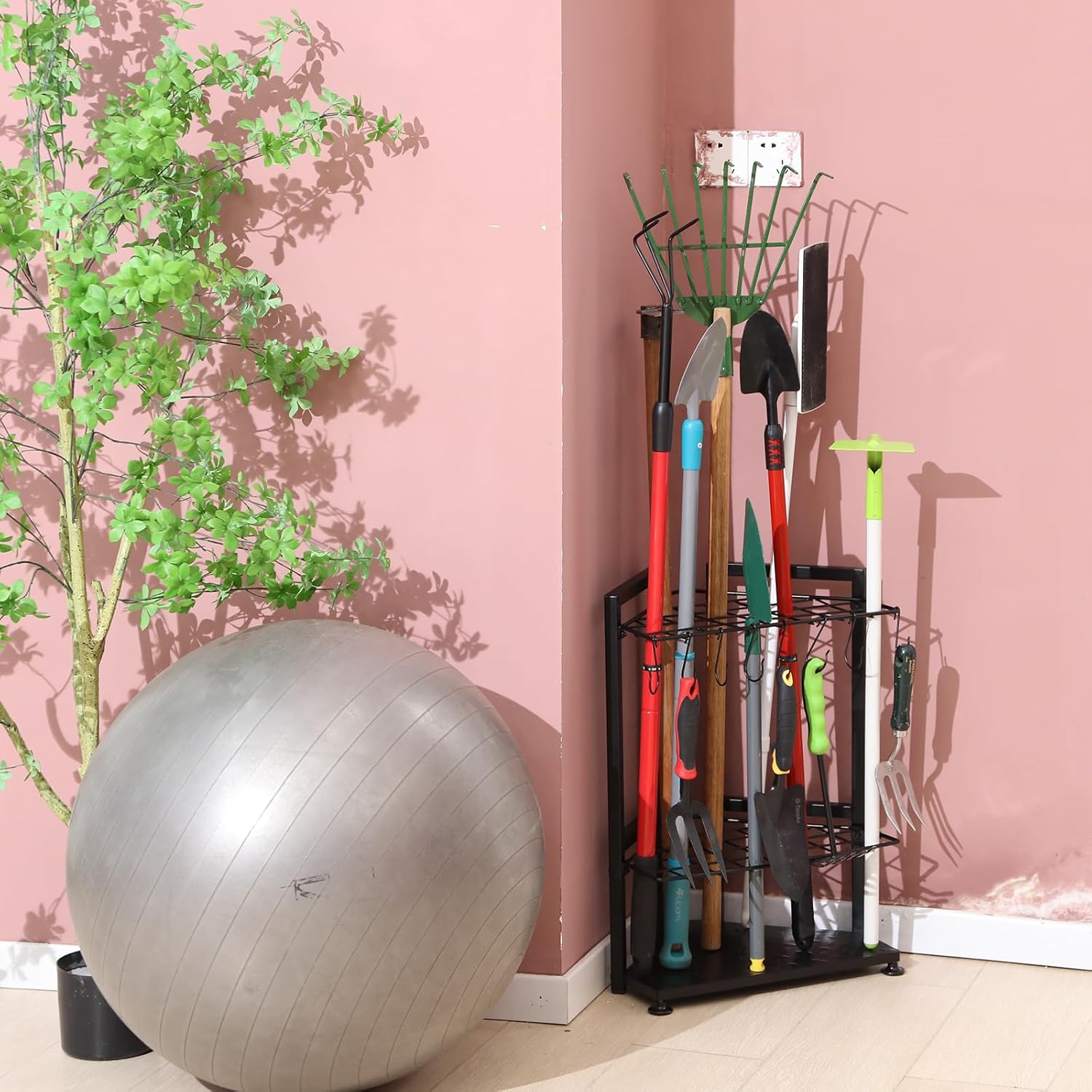 YueTong Garden Tool Organizer Heavy Duty,Yard Tool Tower Rack,Garage Storage Organization for Long Handle Tools,Rake,Brooms,Extra Hooks for Small Shovel,Shear.All Metal,Free Standing.