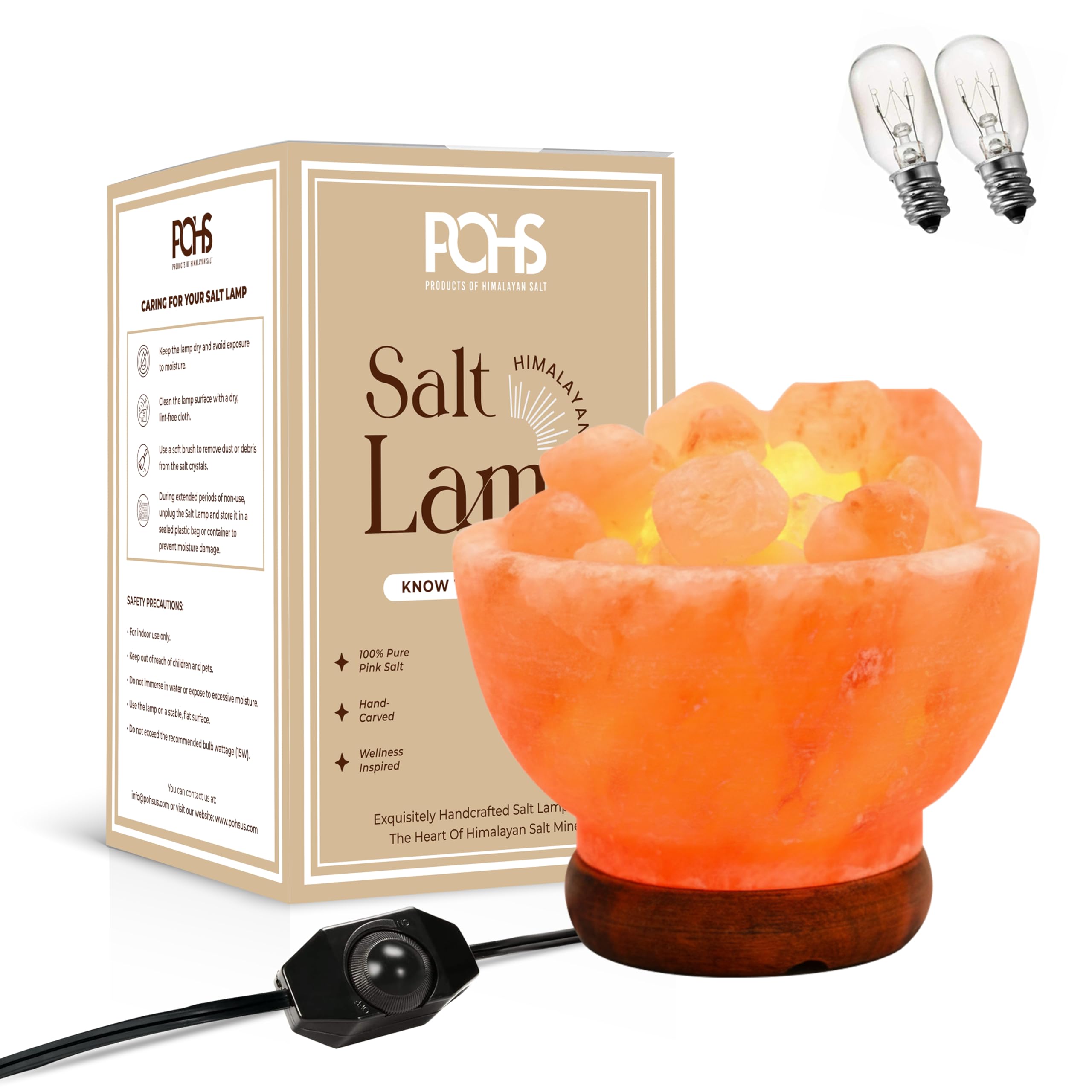 POHS Himalayan Pink Salt Fire Bowl Lamp with Salt Crystal Chunks, dimmable Switch Electrical Cord, with Replaceable Bulbs, Premium Wood Base