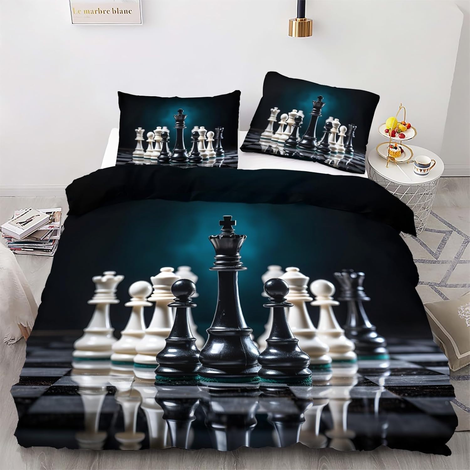 Jeu D'Échecs Housse de Couette 200x200cm en Microfibre Noire avec 2 Taies d'Oreiller