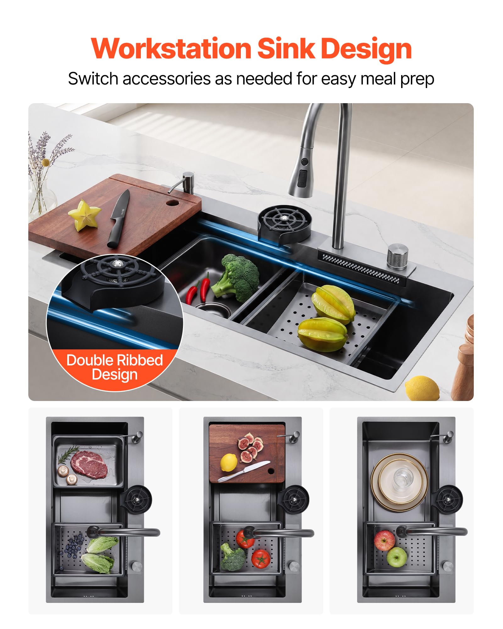 VEVOR Fregadero Sobre Encimera 850 x 460 x 236 mm, Fregadero de Cocina Empotrable de Acero Inoxidable, Esquinas Redondeadas, para Lavavajillas Domésticos, Cocinas Auxiliares, Lavaderos, Negro