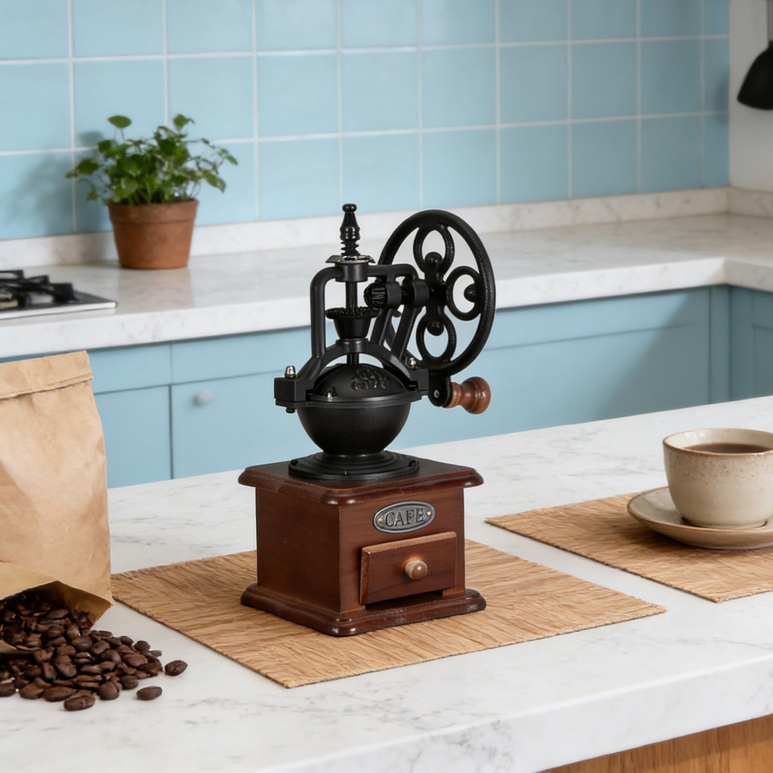 SHINEOFI Molinillo de Café Manual Vintage Manivela de Madera, Mecanismo Cerámico Lavable, Tamaño Compacto para Granos de Café en Grano, Adecuado para Uso Doméstico y Portable