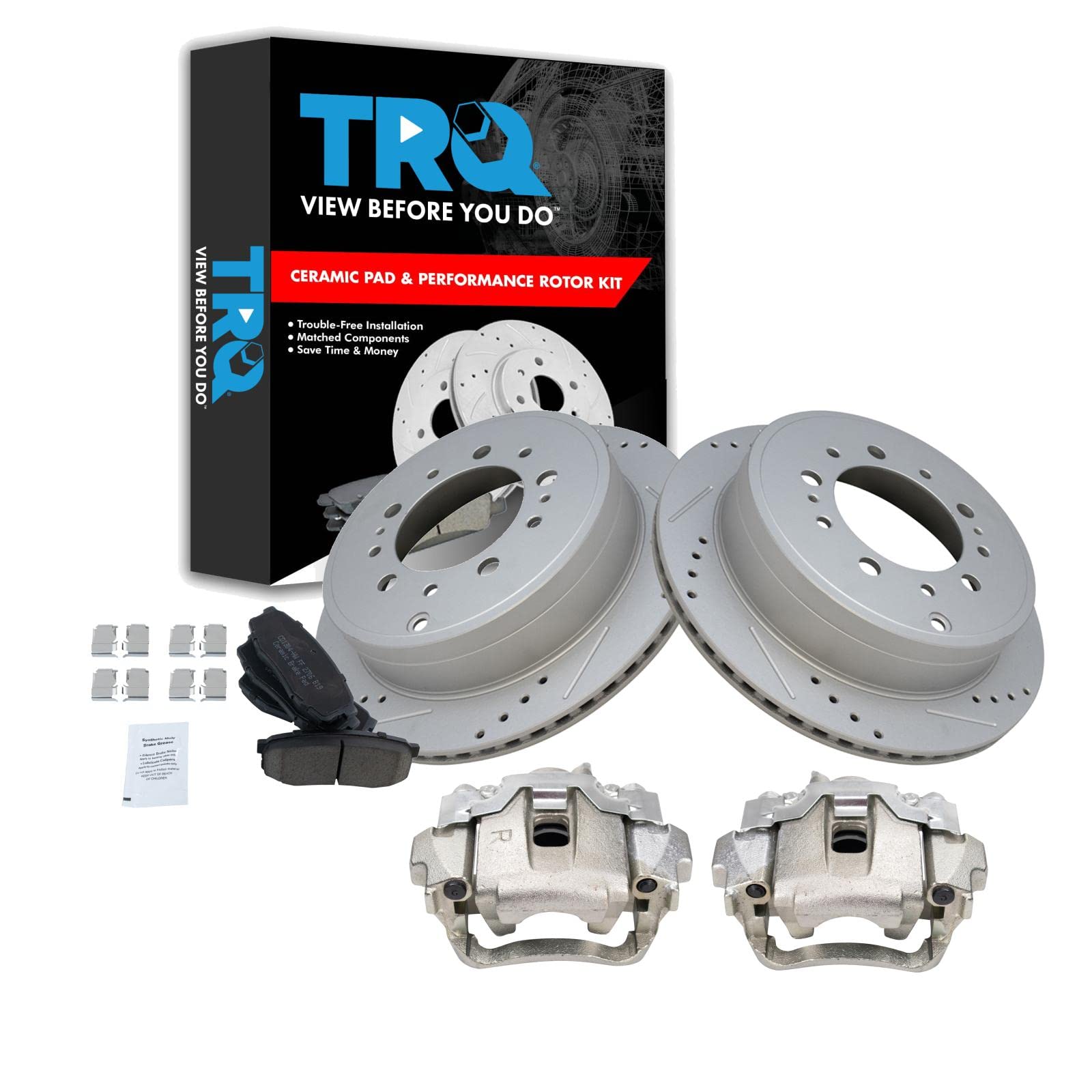TRQ Performance Rear Brake Pad and Rotor Set Ceramic Vented G Coated Rotors Calipers Compatible with 2008-2015 Lexus LX570 2008-2015 Toyota Land Cruiser