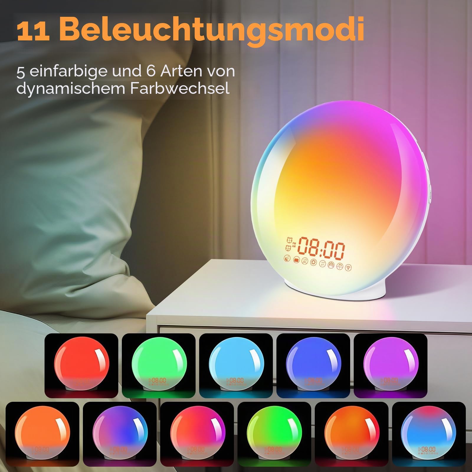 Tageslichtwecker,Wake Up Light, Lichtwecker, Bawoo Sonnenaufgang Sonnenuntergang Wecker Radiowecker mit 7 Natürlichen Töne 20 Helligkeit 2 Alarmen Schlummerfunktion UKW-Radio für Erwachsene & Kinder