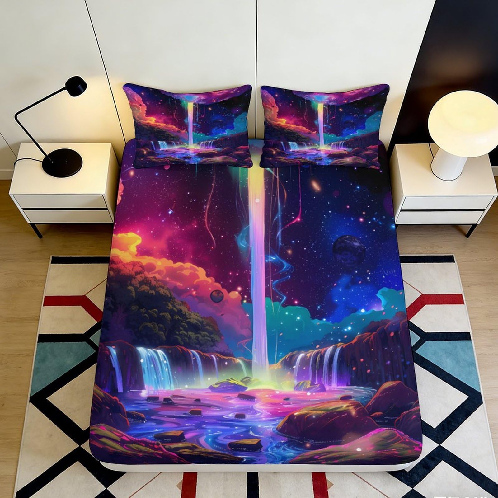 Jqzkxnhpbr Style-5 3D Printed Aurora Waterfall Fitted Sheet Microfiber Soft Breathable Cosmic Night Mattress Cover Bedroom Decor 90X200x25cm