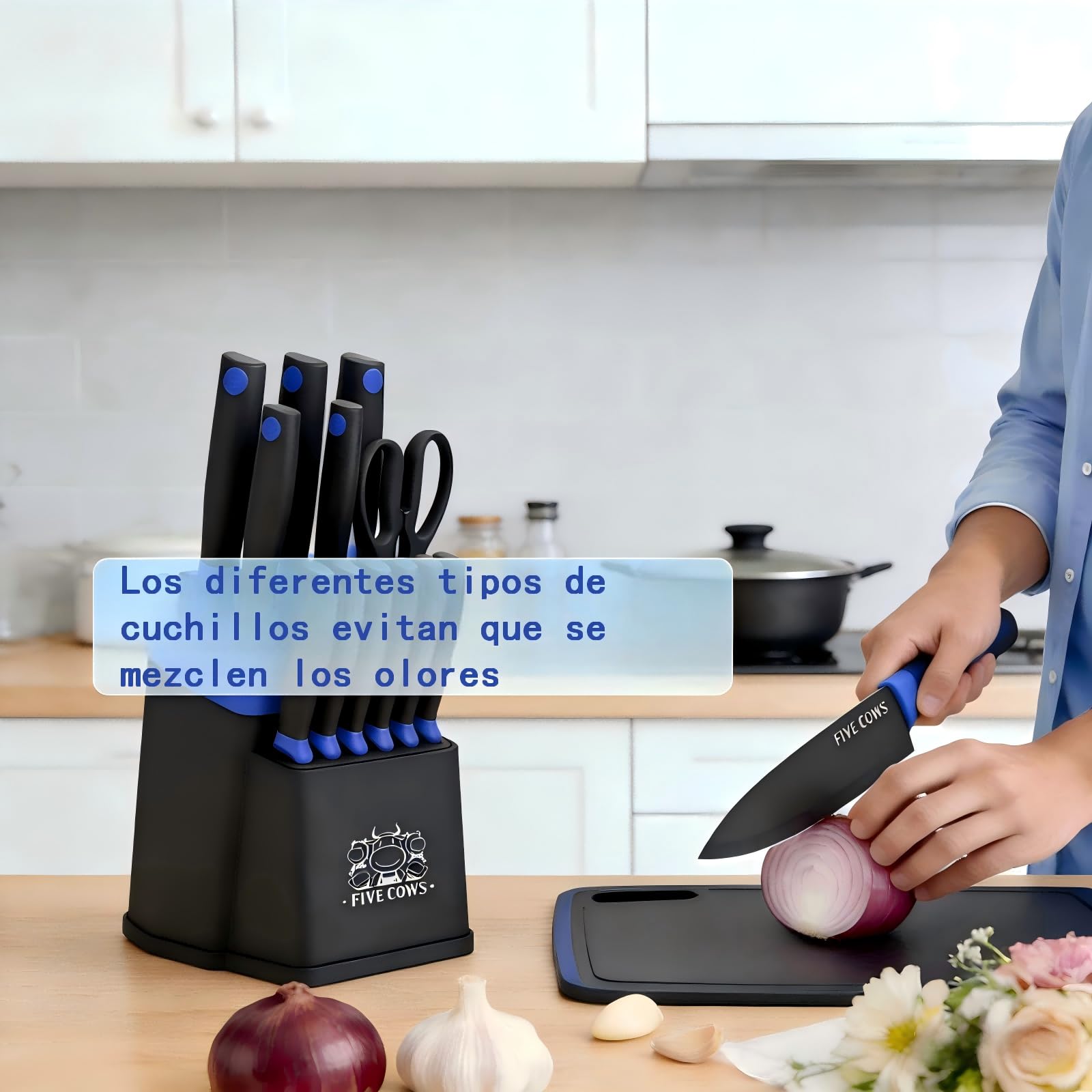 Juego de Cuchillos de Cocina, 14 Piezas, Bloque de cuchillos auto-afilables, con Cuchillos de pan y Tijeras, Mangos Ergonómicos Antideslizantes Para Chef y Uso Doméstico (Azul)