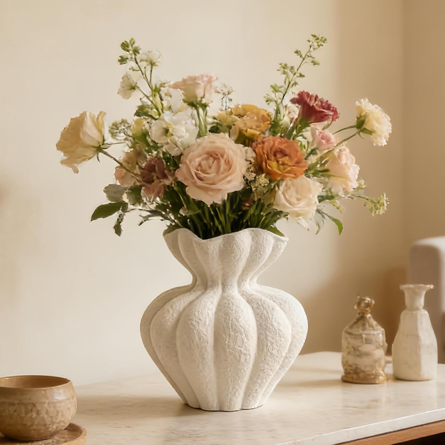 White Ceramic Vase, 8.2 Inch Modern Boho White Flower Vase for Home Decor, Unique Vase for Farmhouse Living Room Cabinet Table Centerpieces Wedding Decorations