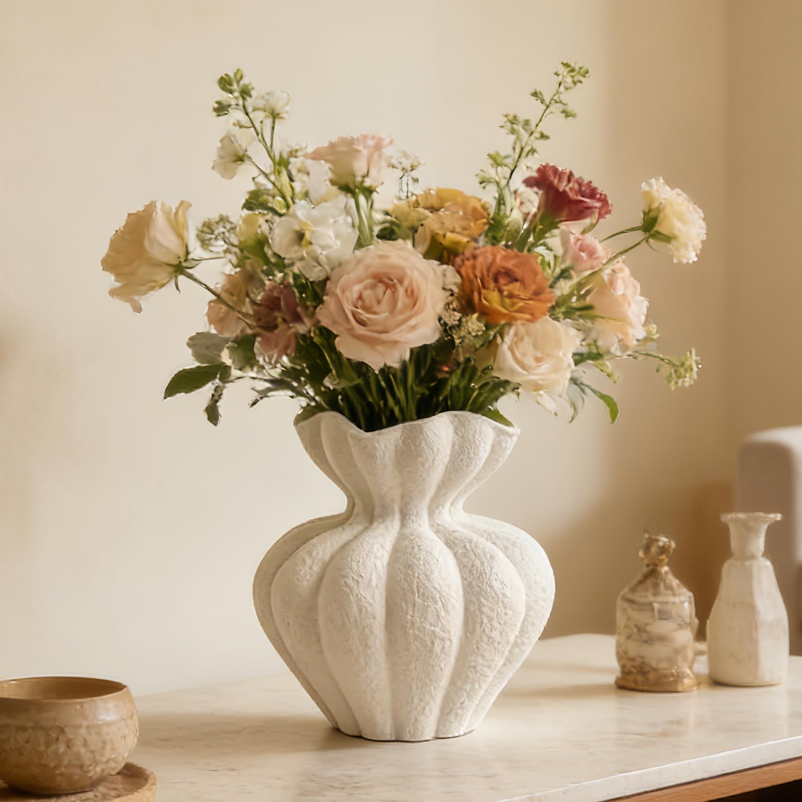 DecoVlog White Boho Ceramic Flower Vase