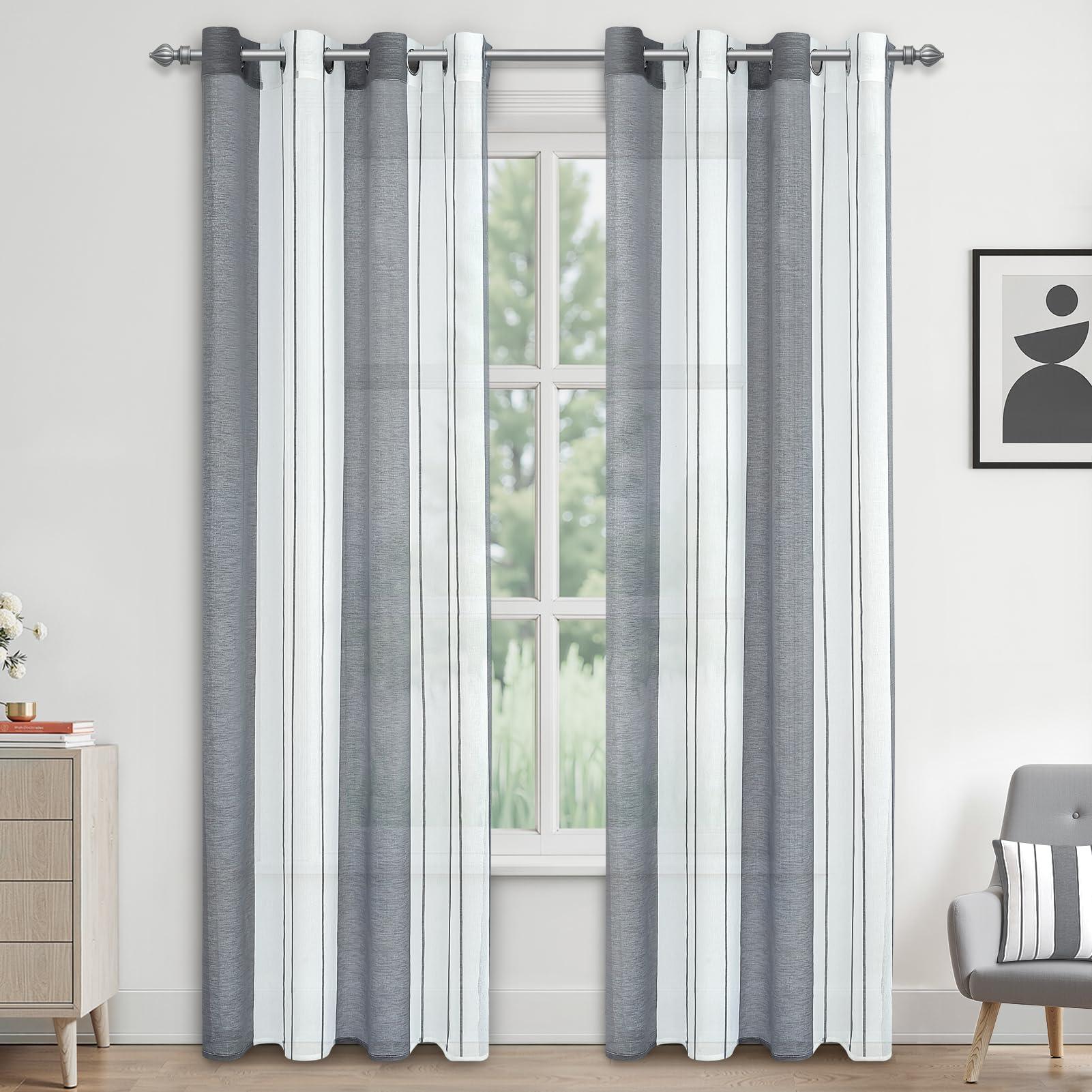 MRTREES Translúcida Cortinas Visillo Rayas de Dormitorio Moderna con Hebilla para Ventanas Voile Sala para Niños Sala Comedor Baño 2 Piezas 140×245cm(An×L) Blanca+Gris Global Recycled Standard Global Recycled Standard Global Recycled Standard