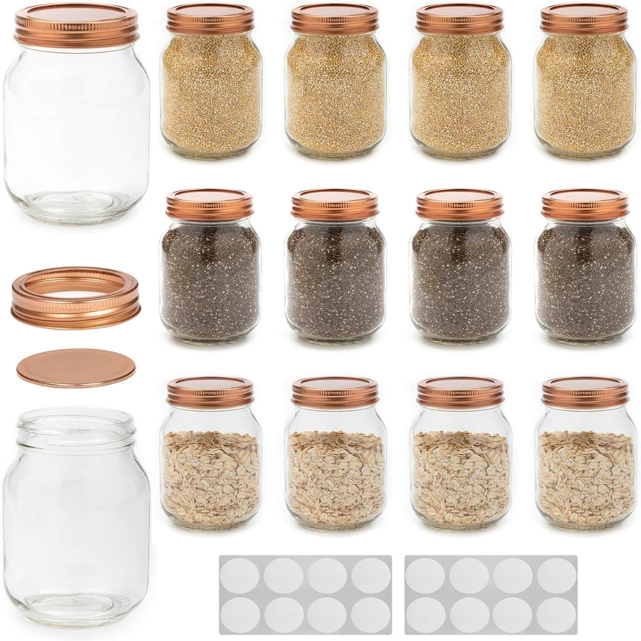 WILLDAN Mason Jars 12 oz With Regular Lids and Bands, Ideal for Jam, Honey, Wedding Favors, Shower Favors, Baby Foods, DIY Magnetic Spice Jars, 12 PACK, 20 Whiteboard Labels Included