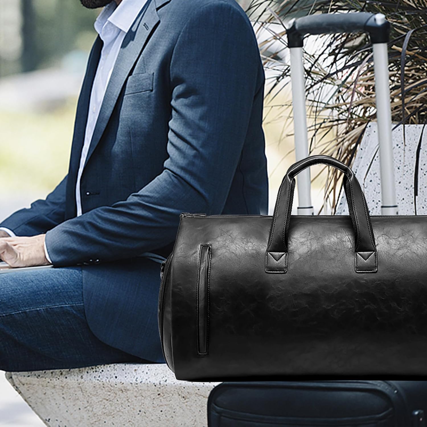 Leather Garment Bag，Convertible Garment Duffel Bag for Travel Mens Suit Bag 2 in 1 Waterproof Foldable Carry on Garment Bag with Shoulder Strap Weekender Bag with Shoe Pouch - Image 6