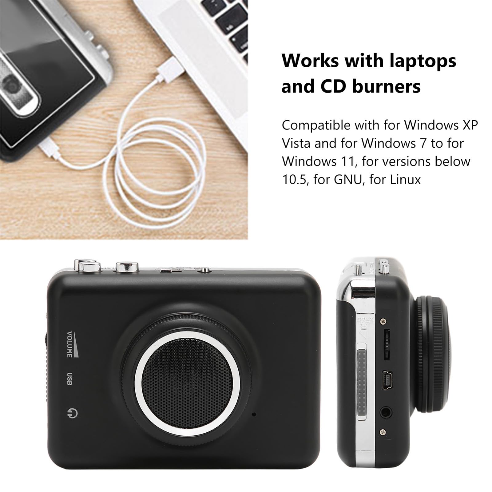 Reproductor de audio portátil, 3,5 Jack reproductor de música con altavoz, convierte las casetes a MP3 CD a través de USB, reproductor de cassette AUD para Win7 Win8 Win11 Win10.5