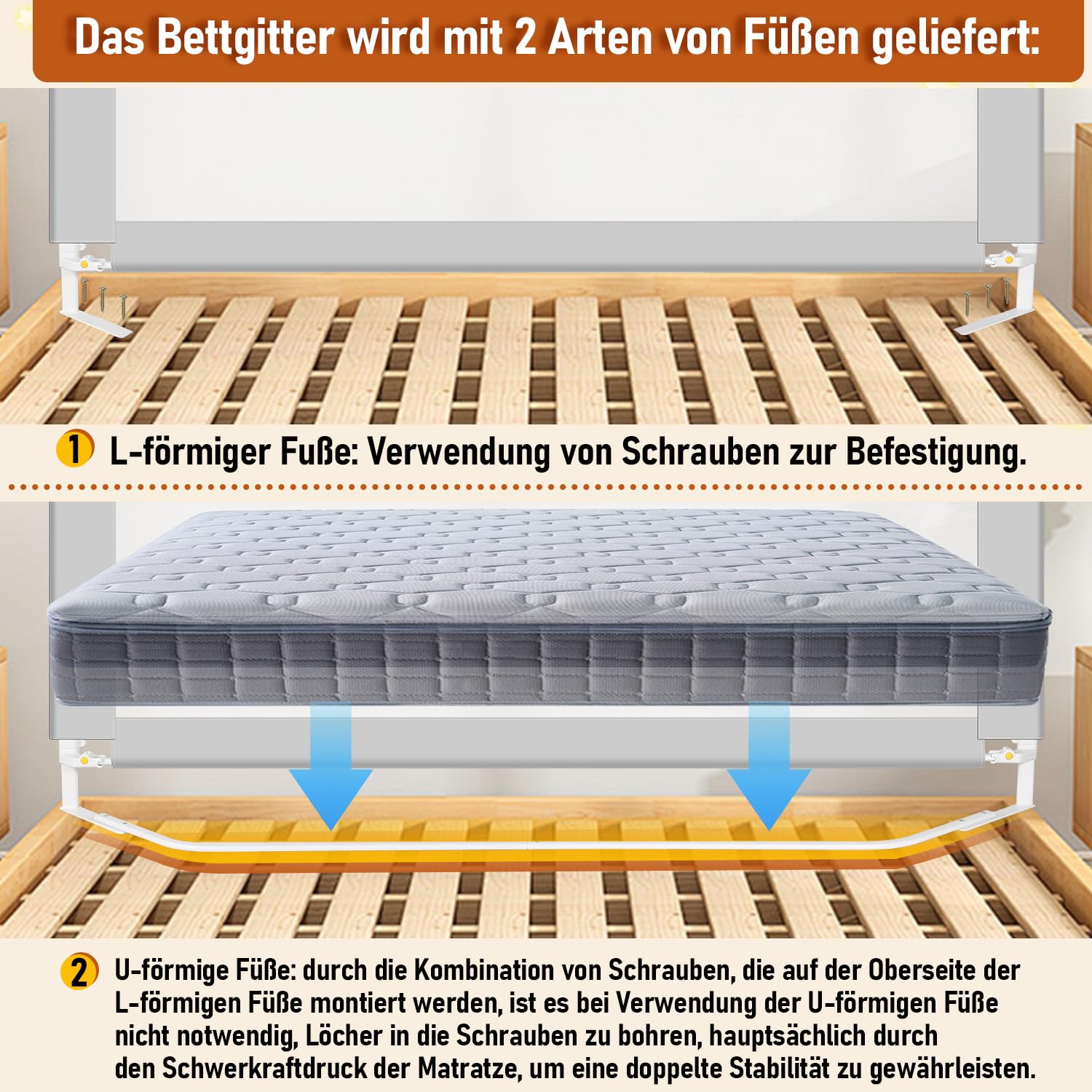 Barrera de cama de 200 cm, protección para cama infantil con patas en forma de U, plegable, protección contra caídas, altura ajustable, 68 – 95 cm, fácil de montar, color gris