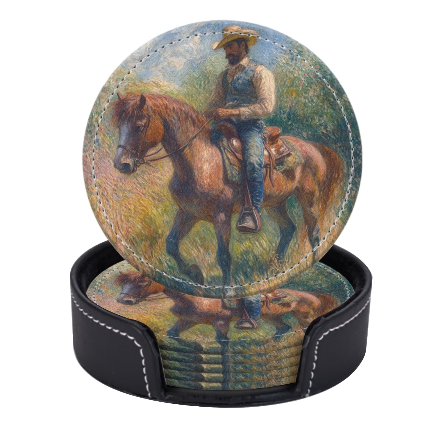 Kwqdozf Black3203 Drink Coasters Set Of 6,Round Pu Leather Coaster With Holder The Rustic Allure Of A Cowboy - Horse Duo In The Wilderness